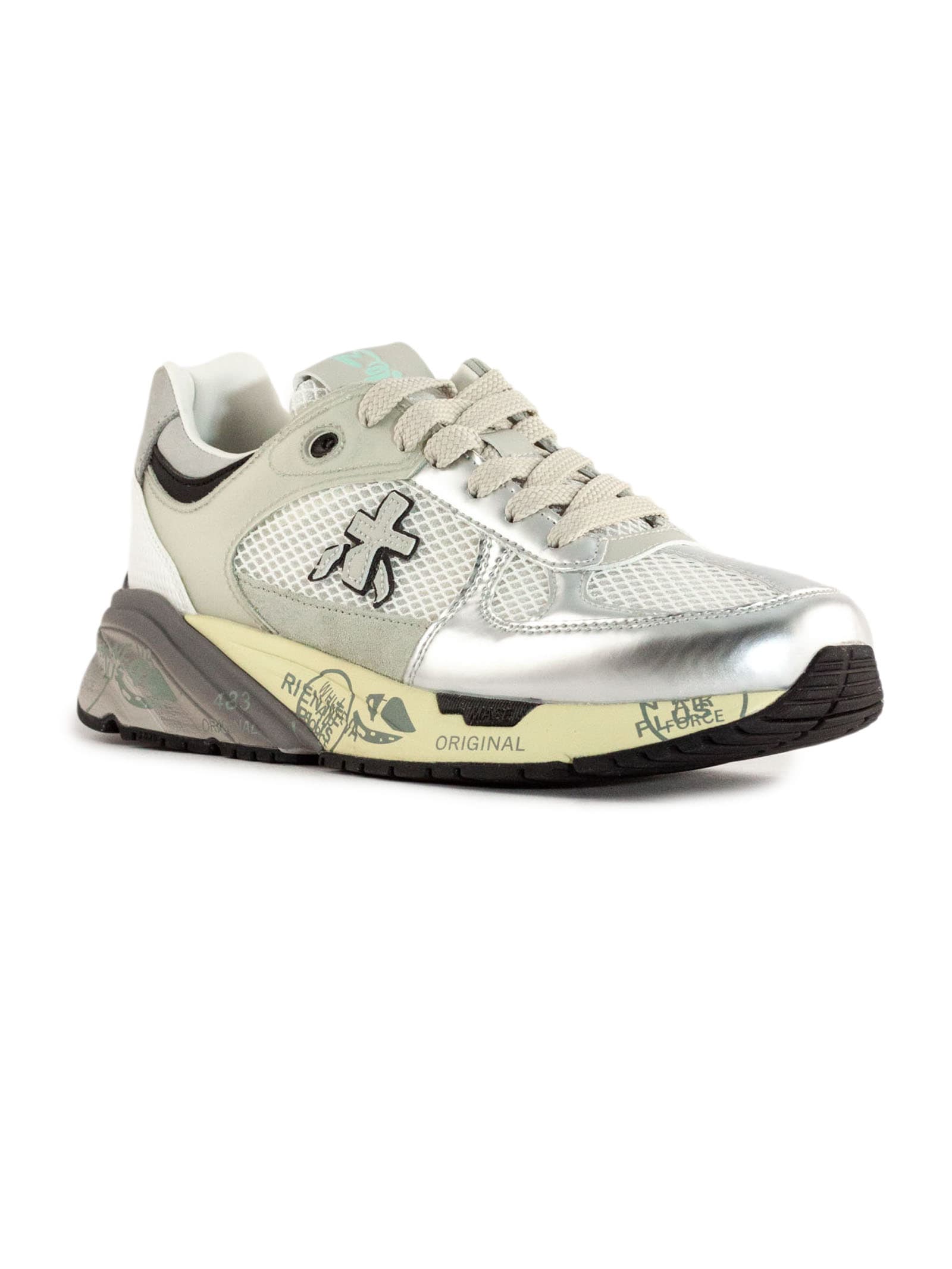 Premiata Mase Sneakers In White Leather And Fabric In Silver