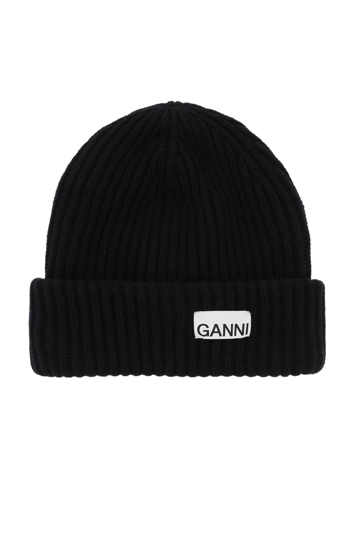 Ganni Beanie Hat With Logo Patch In Nero