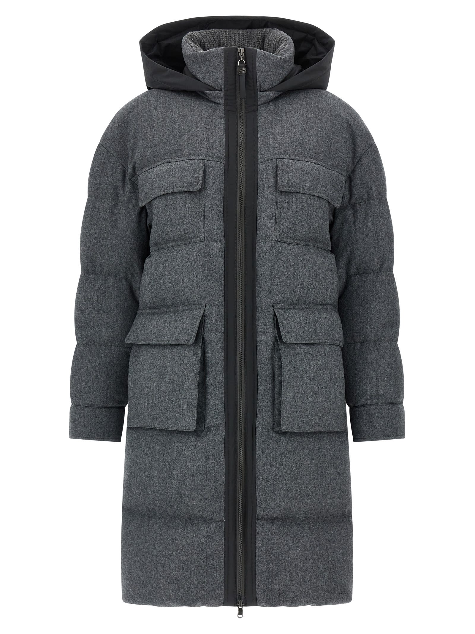 Brunello Cucinelli Shiny Zipper Pull Long Down Jacket In Gray