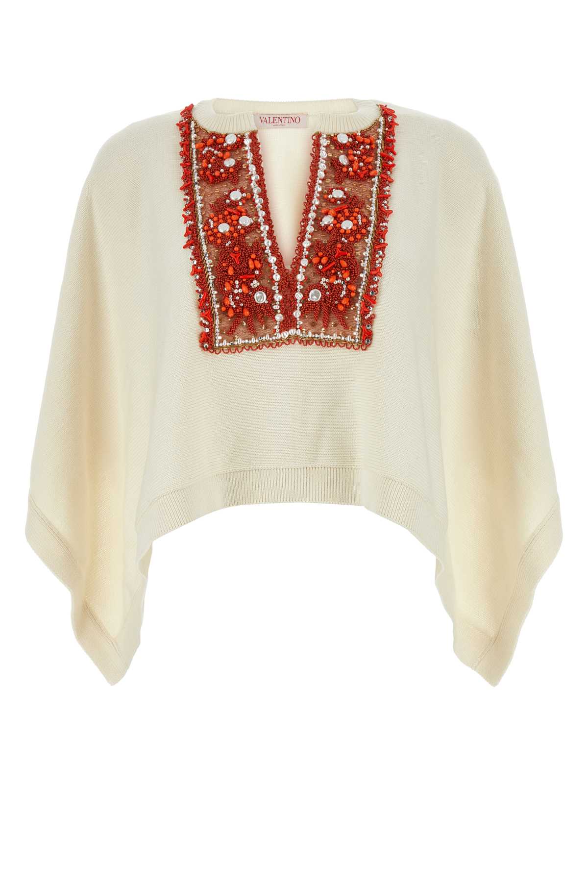 Shop Valentino Ivory Cotton Blend Poncho In Avoriocorallo