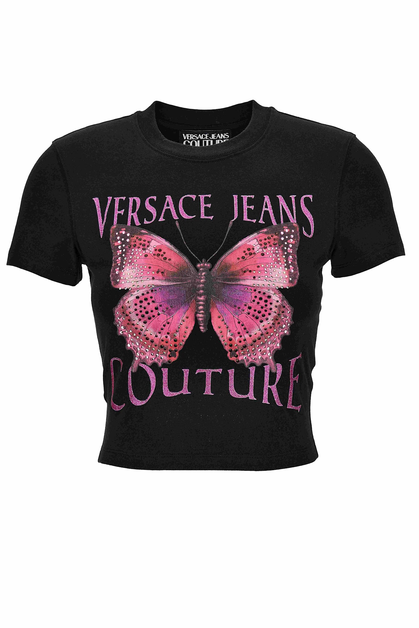 Versace Jeans Couture Black T-shirt With Butterfly And Glitter Logo In Black