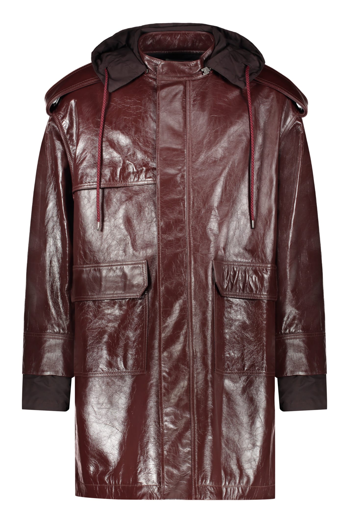 Shop Ambush Hooded Leather Jacket In Burgundy