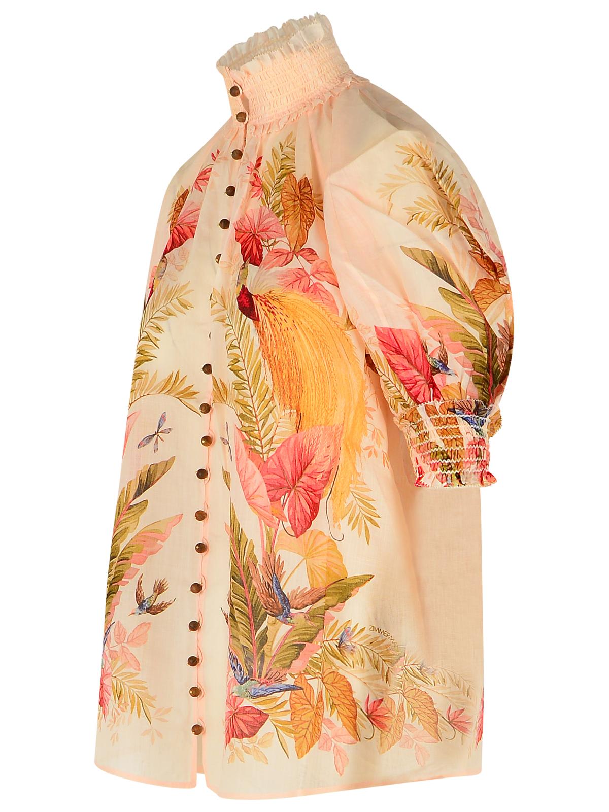 Zimmermann Billow Ramie Puff Sleeves Blouse In Cream Palm Floral In Multi