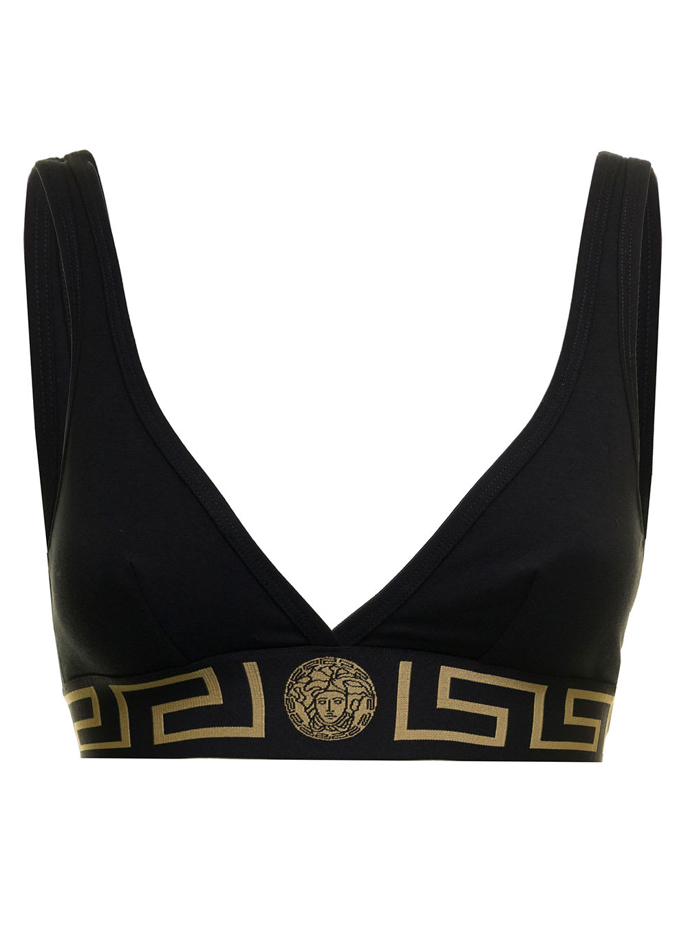 Versace Womans Black Stretch Cotton Top With Greek Insert Detail