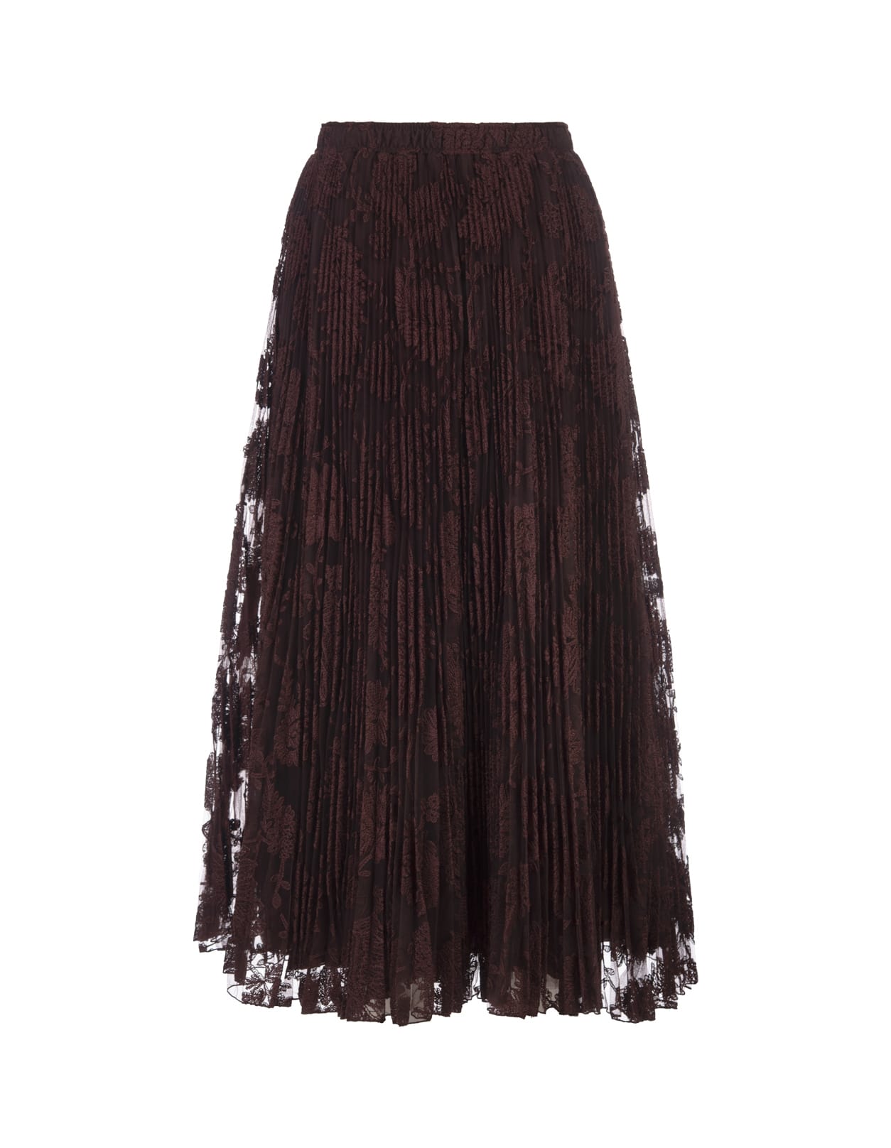 Shop Ermanno Scervino Brown Pleated Lace Midi Skirt