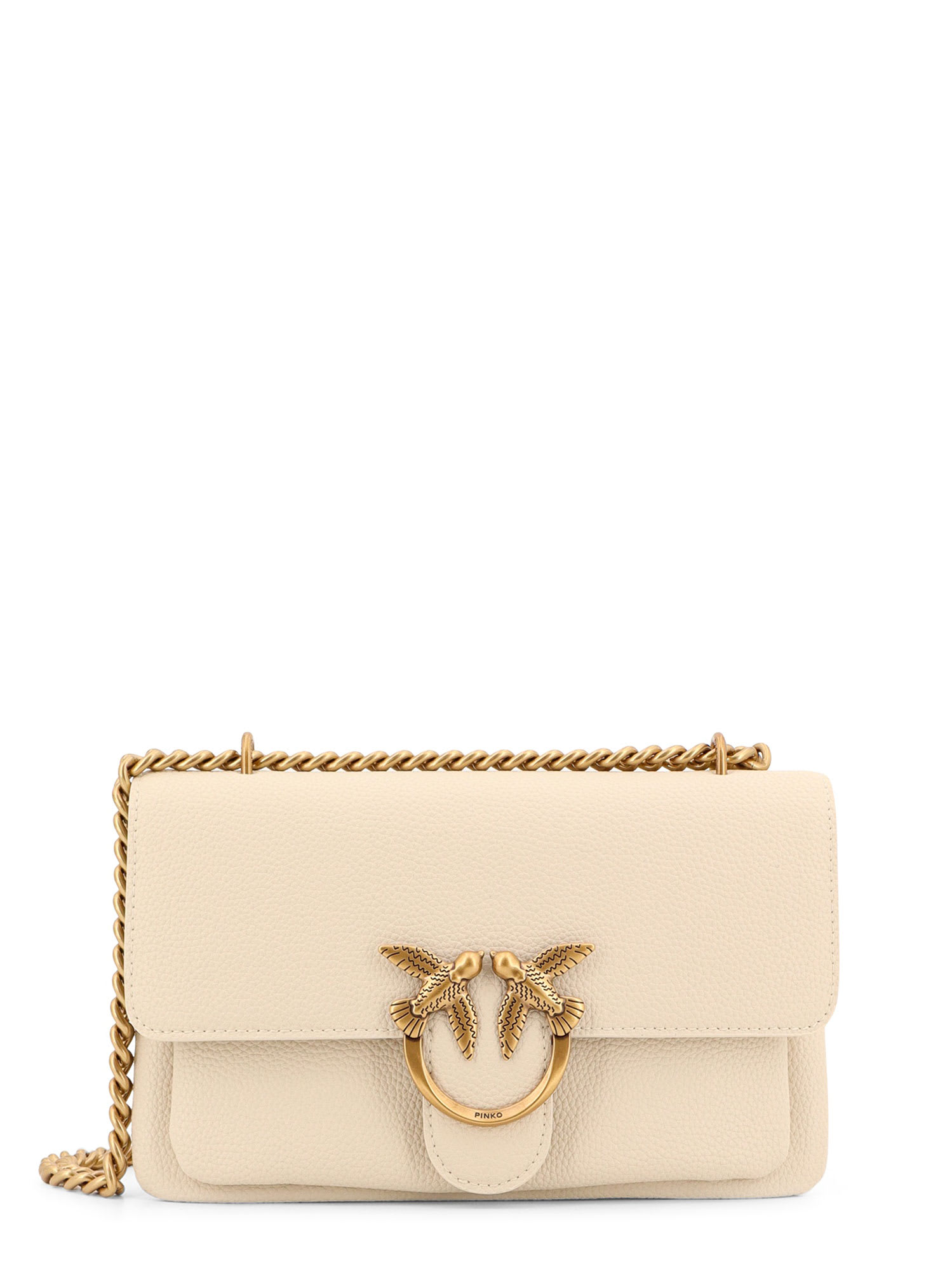 Pinko Leather Shoulder Bag With Metal Love Birds Buckle In Neutral