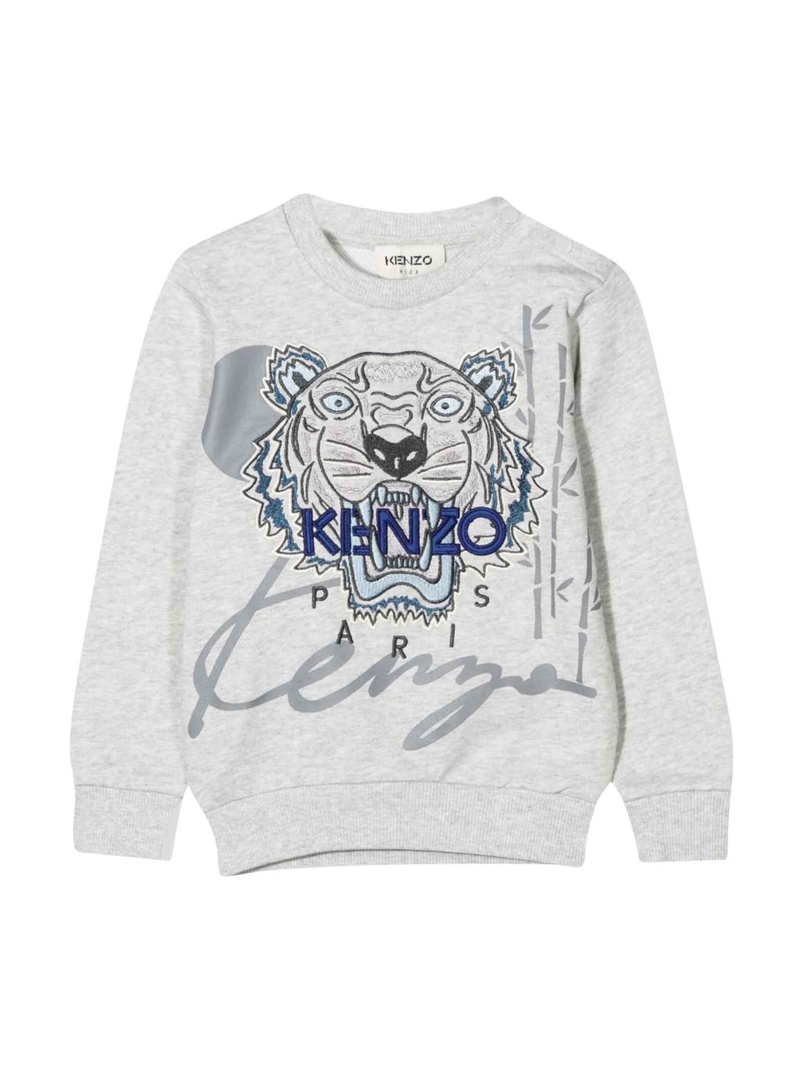 Kenzo Kids Grey Newborn Sweatshirt With Front Logo Embroidery, Crew Neck, Long Sleeves And Straight Hem By