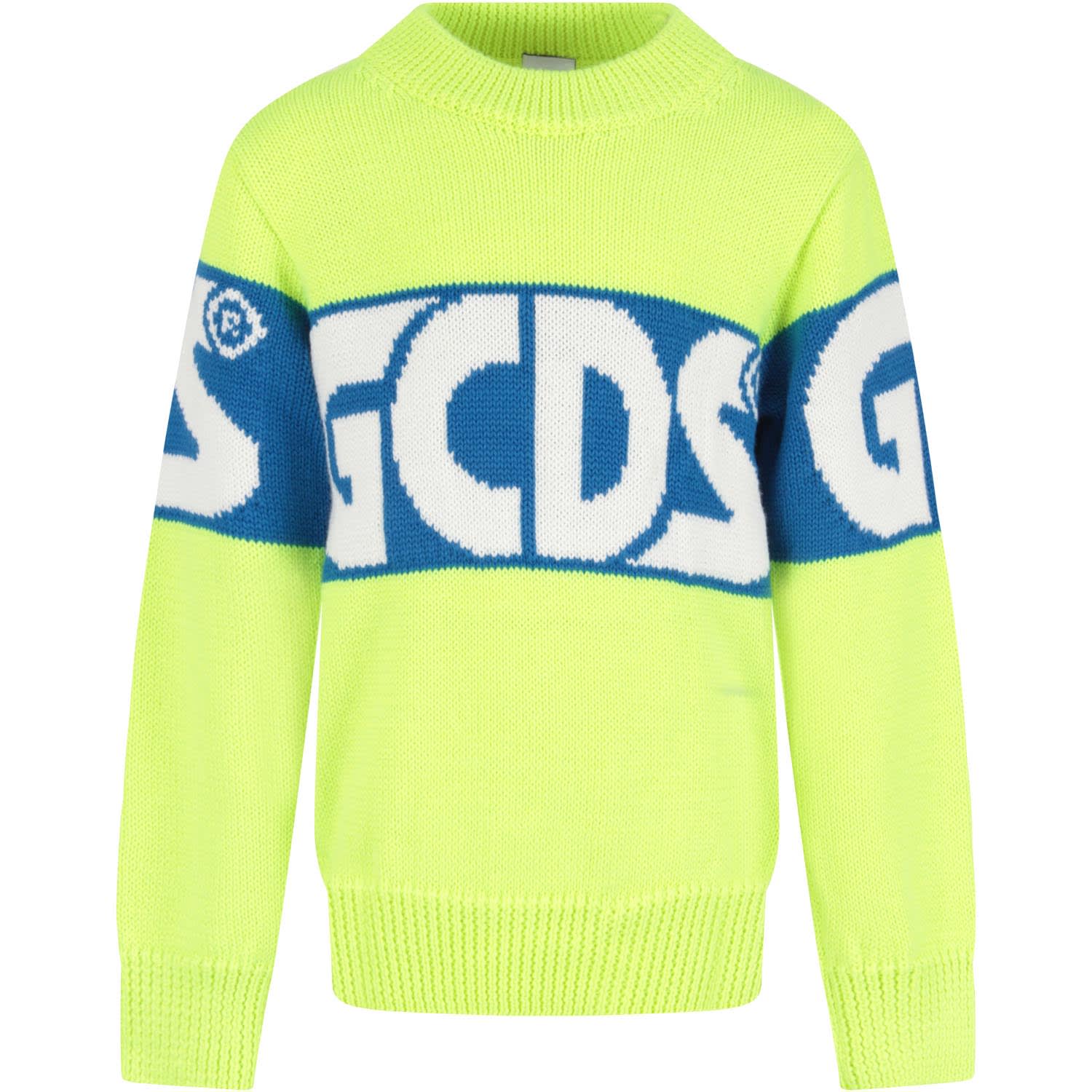 GCDS Mini Neon Yellow Sweater For Kids With Logo