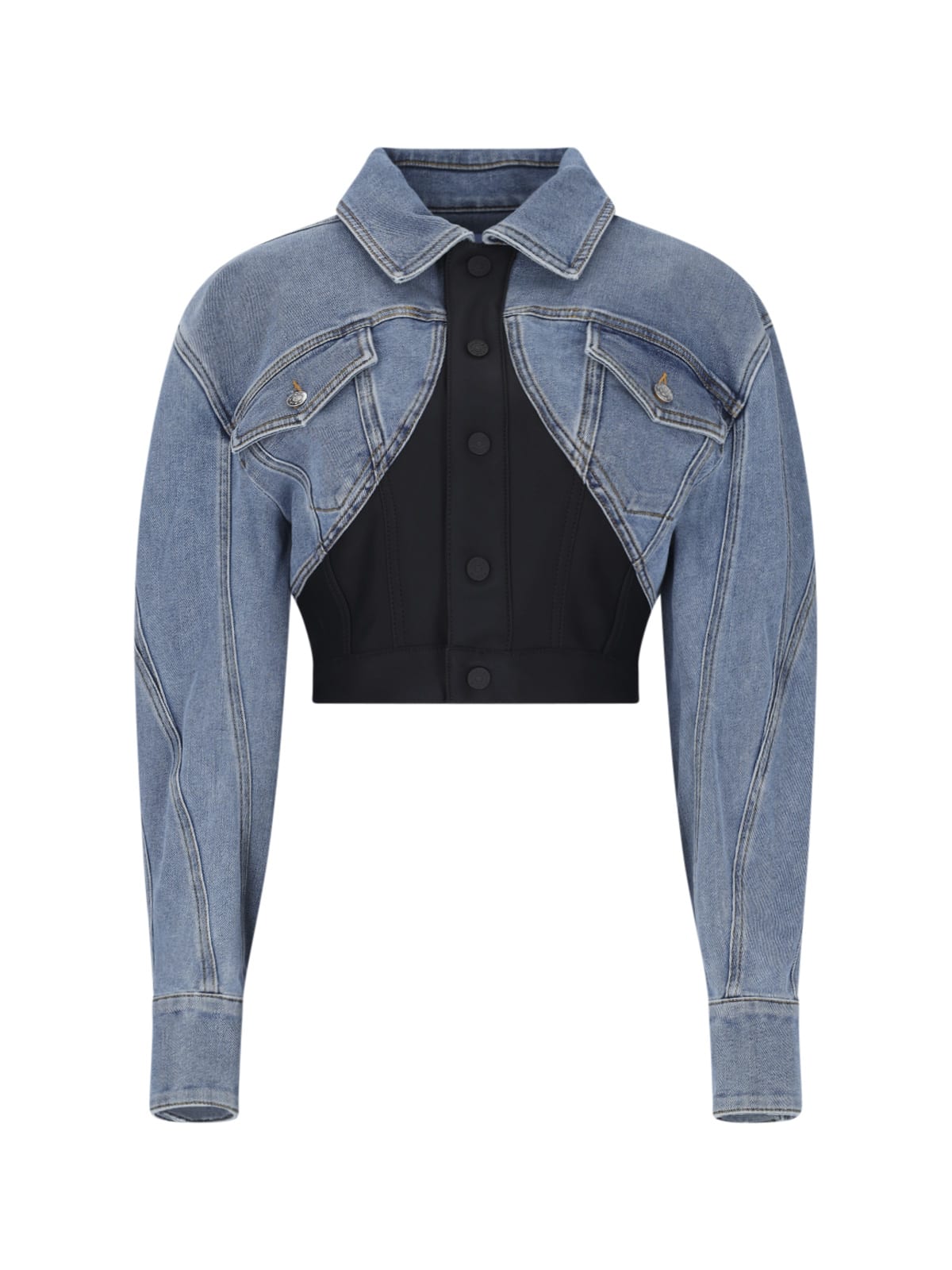 Shop Mugler Cropped Denim Jacket In Blue