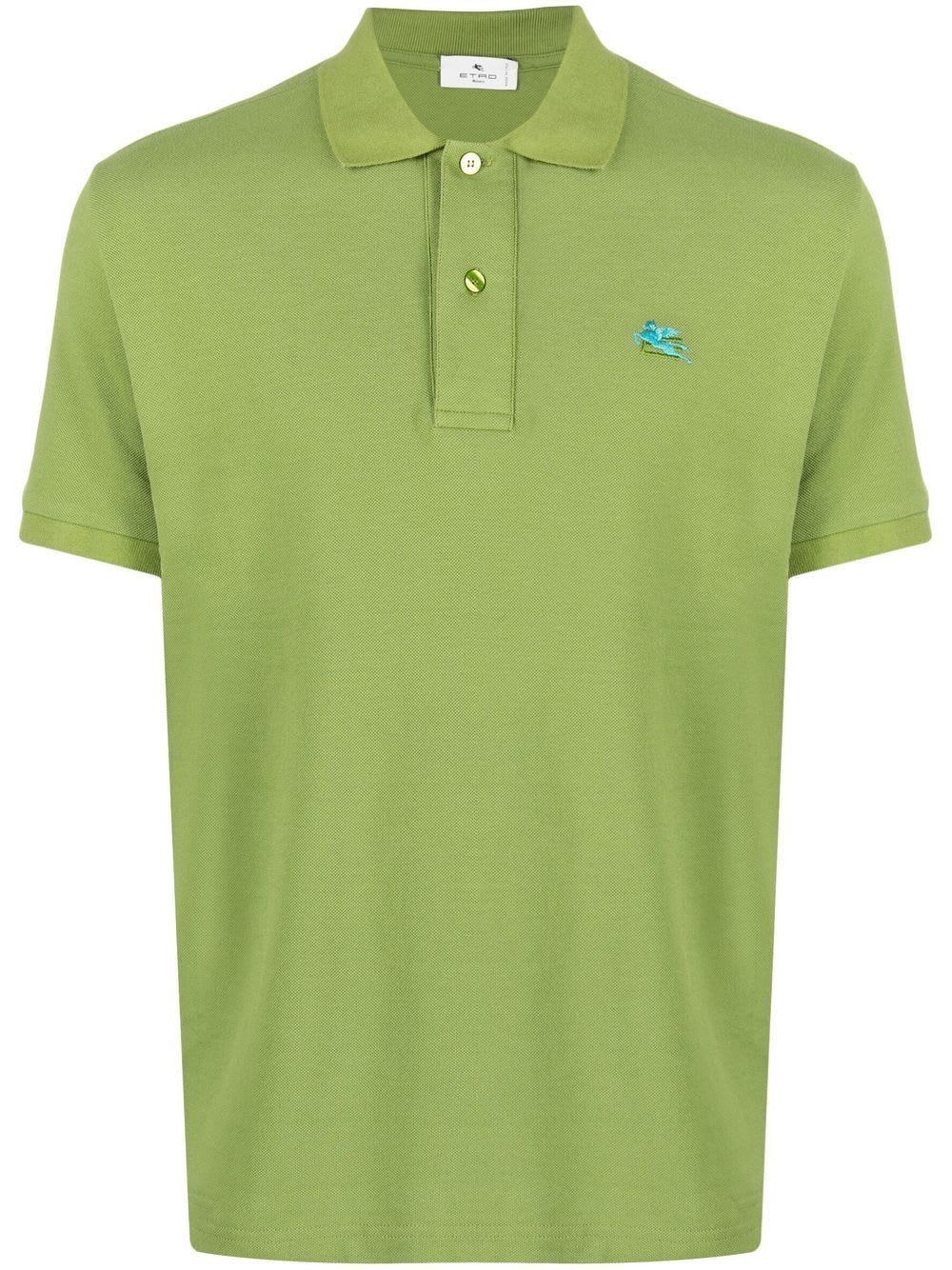 Etro Man Short Sleeve Polo Shirt In Light Green Piquet With Light Blue Pegasus Embroidery