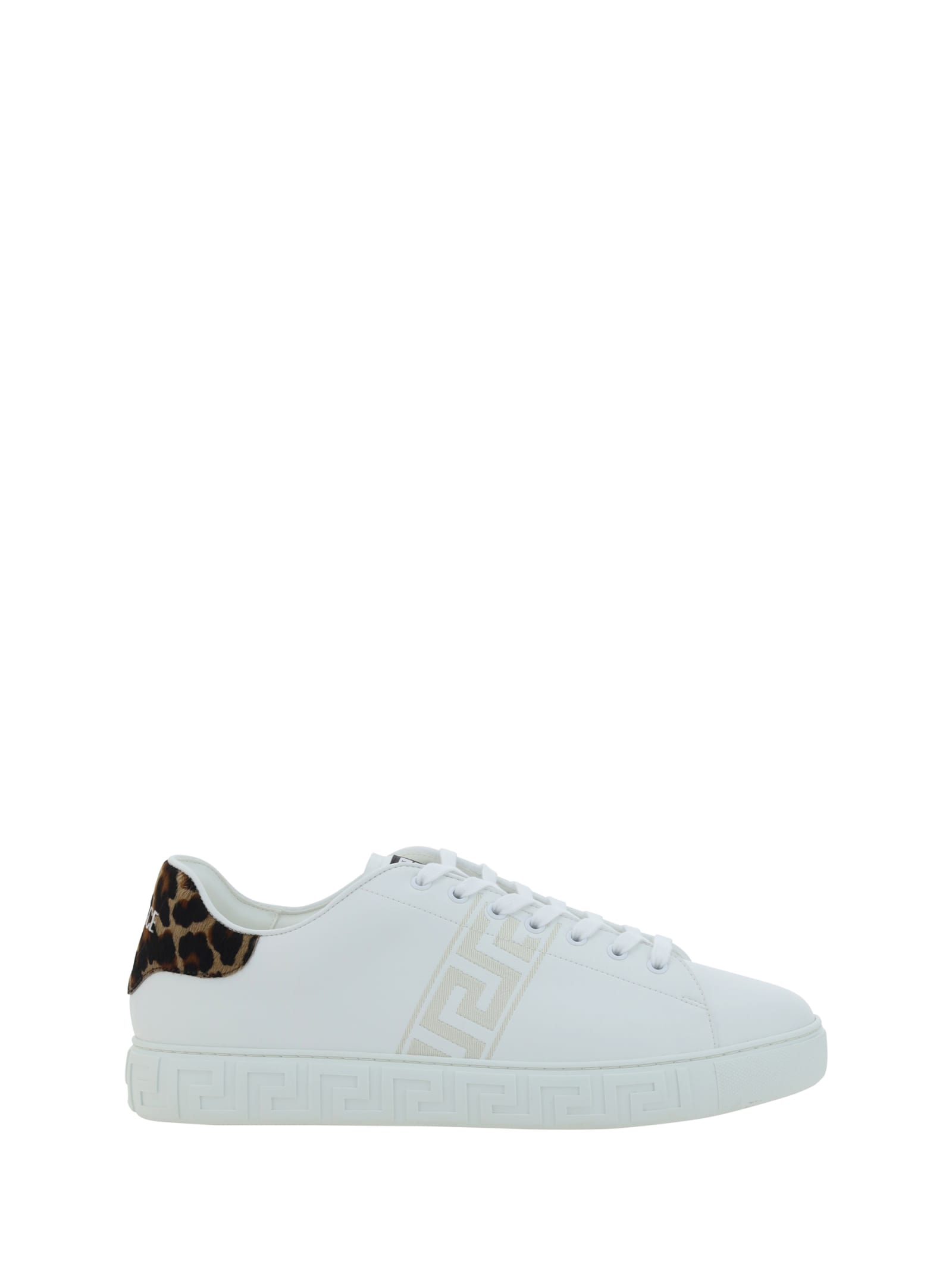 Shop Versace Sneakers In White+brown Spotted