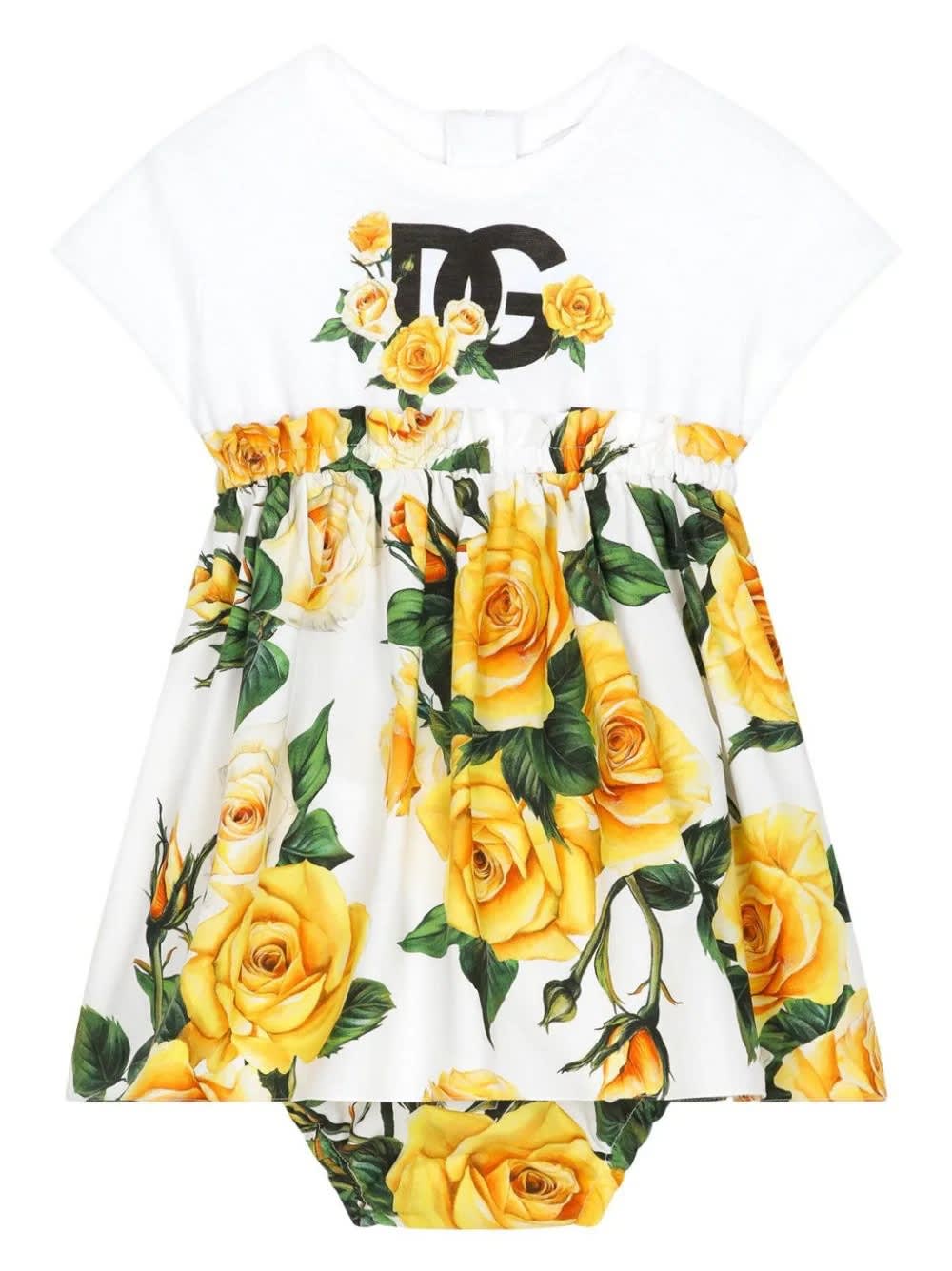 Dolce & Gabbana Babies' Jersey And Poplin Dress With Dg Logo And Yellow Rose Print In White