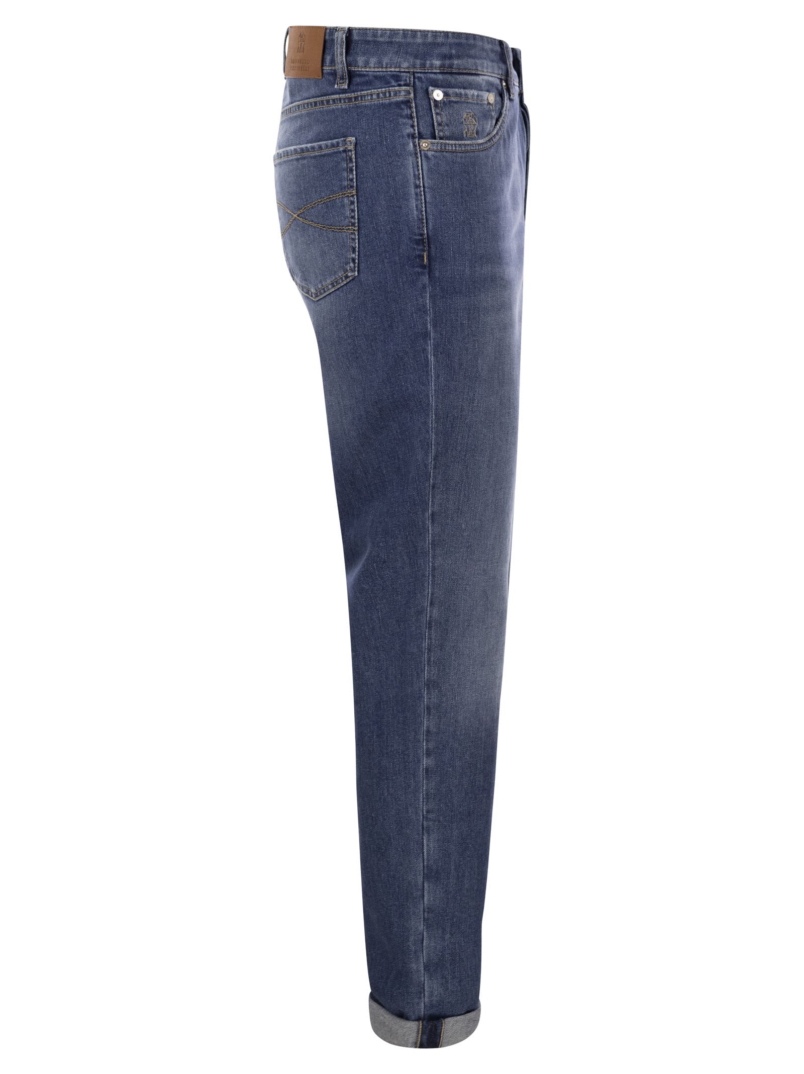 Shop Brunello Cucinelli Five-pocket Slim Fit Trousers In Comfort Denim In Dark Denim