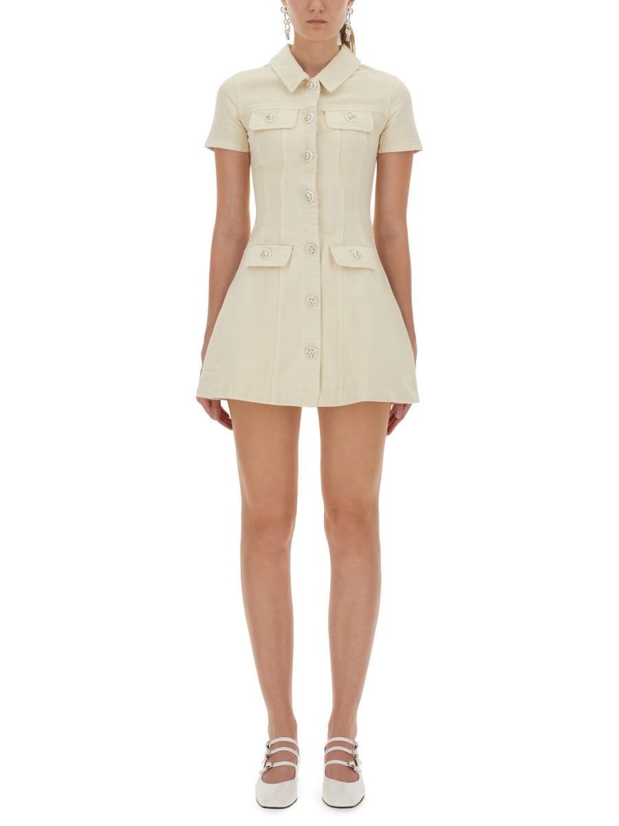 Self-portrait Structured Beige Dress With Classic Collar And Flap Pockets In Multi