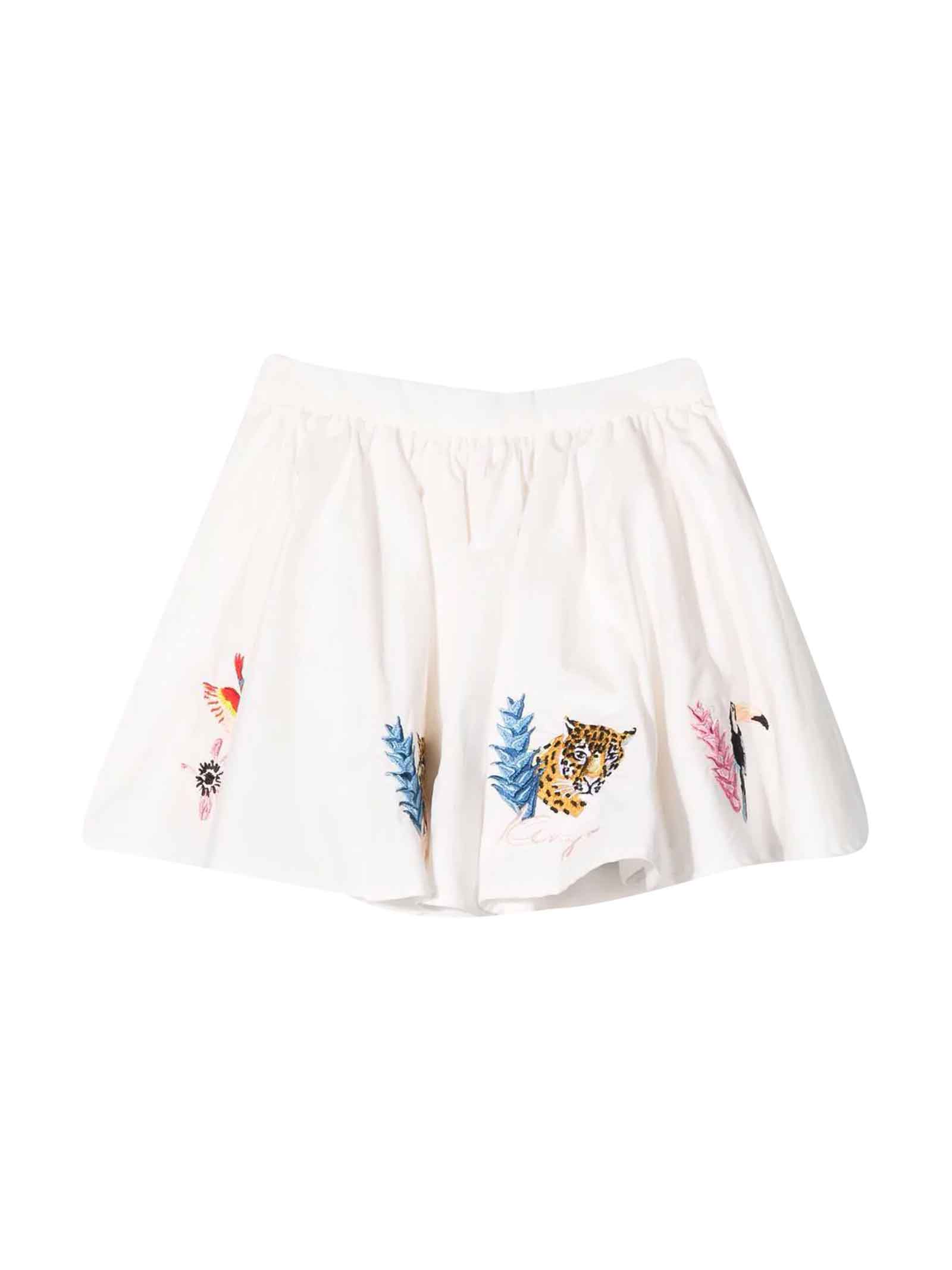 Kenzo Kids White Girl Skirt, Flared With Bird Embroidery, Zip Closure On The Back