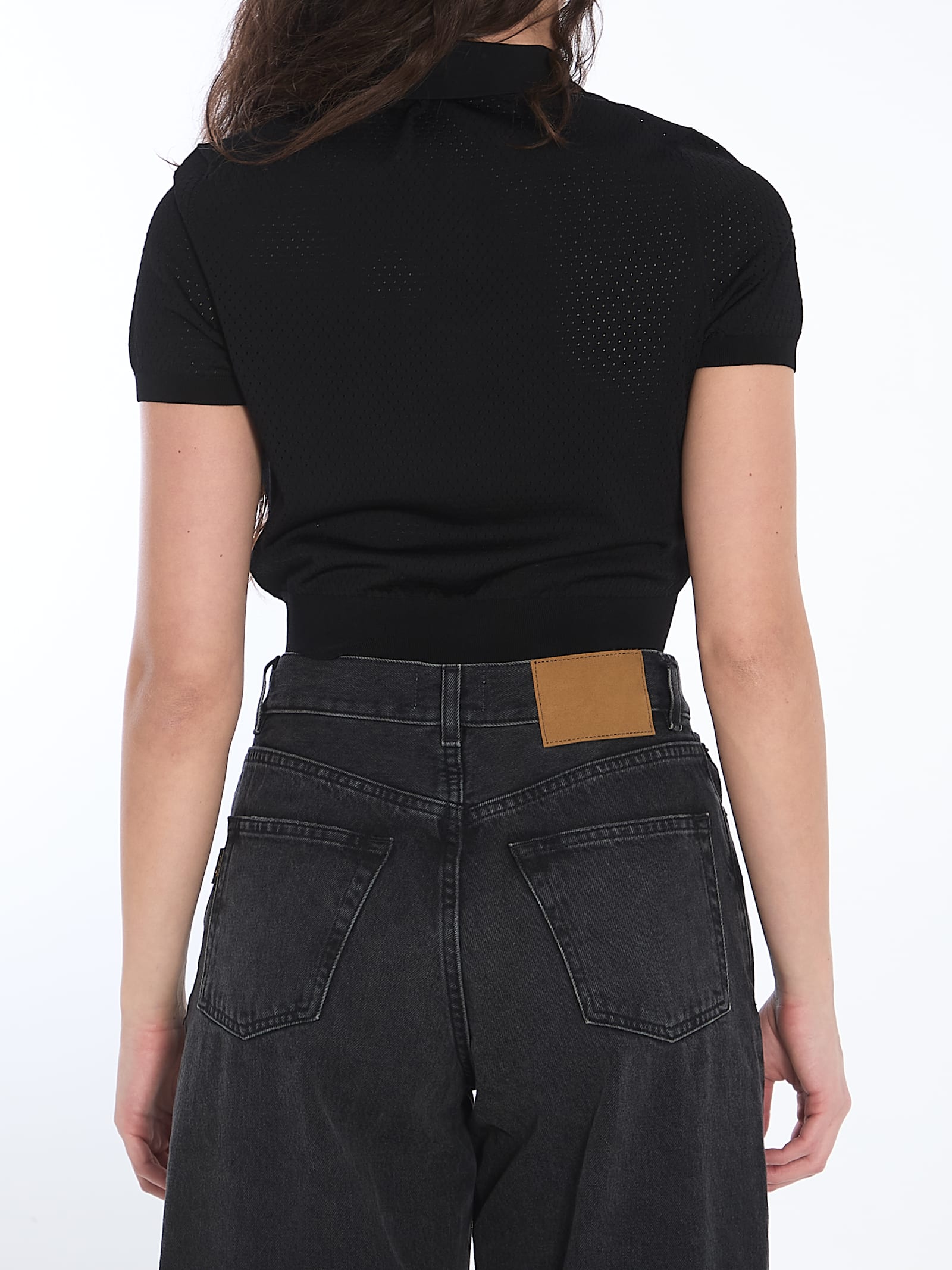 Alexander Wang Perforated Mesh Polo With Collar And Short Sleeves In Black