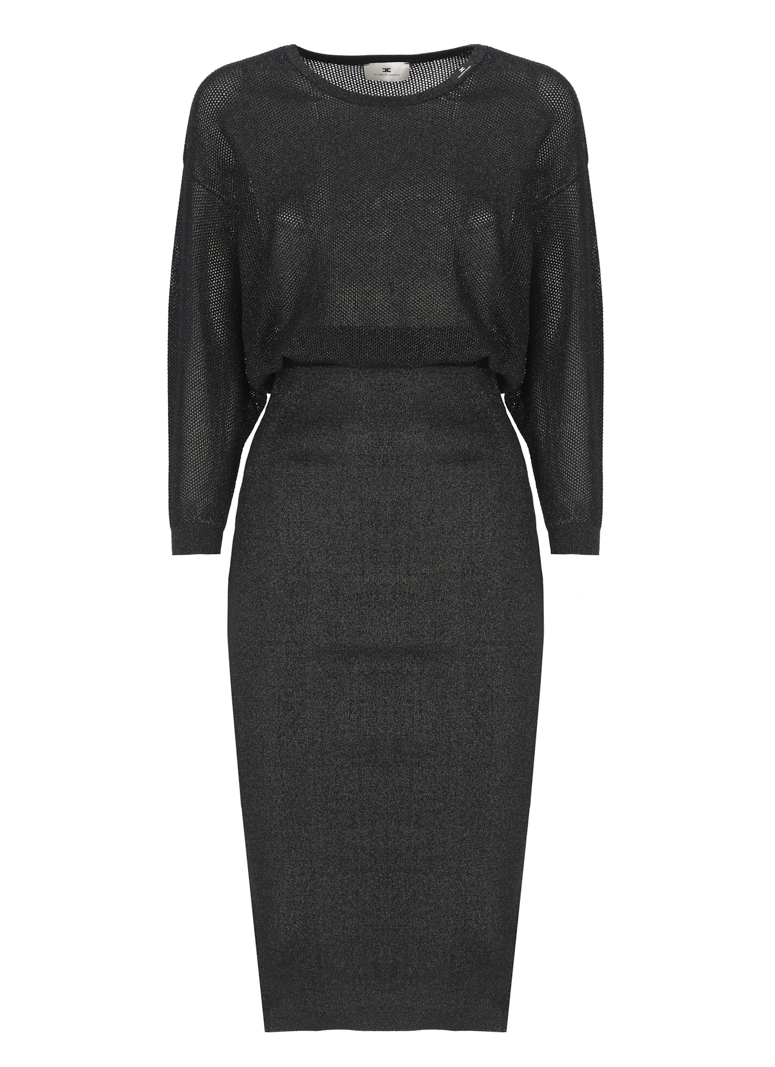 Elisabetta Franchi Black Viscose Midi Dress With Perforated Detailing