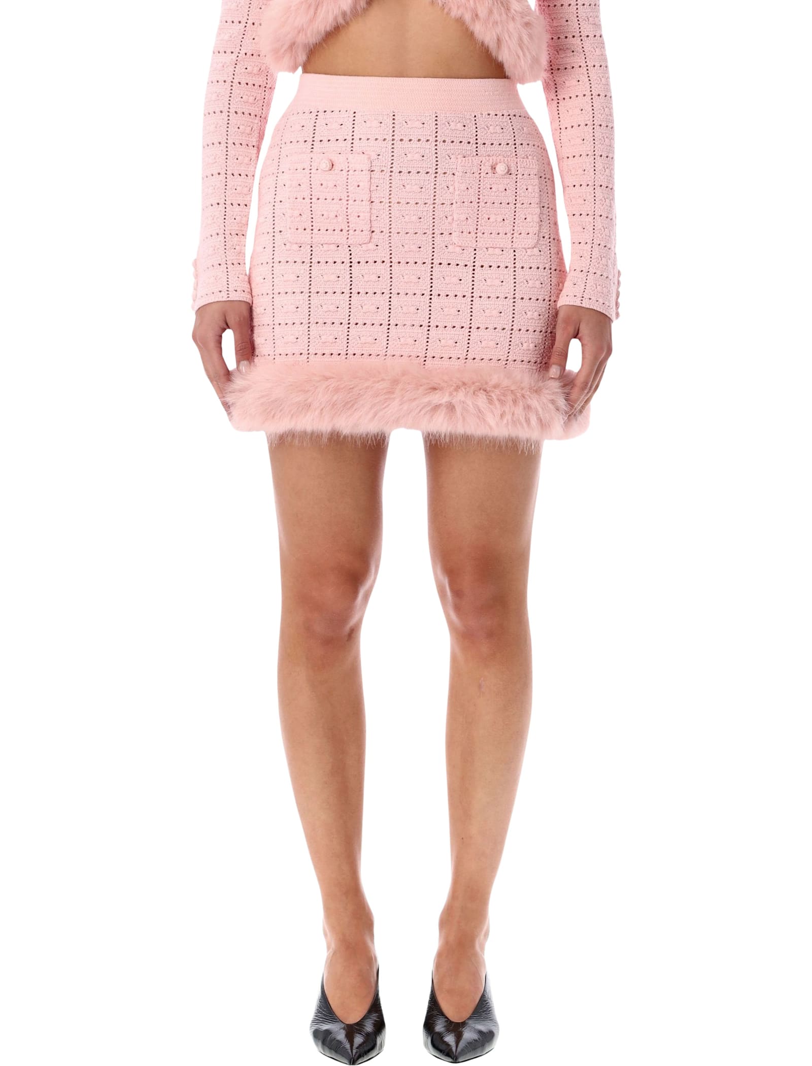 Self-portrait Pink Knit Mini Skirt With Faux Fur Hem In Pink