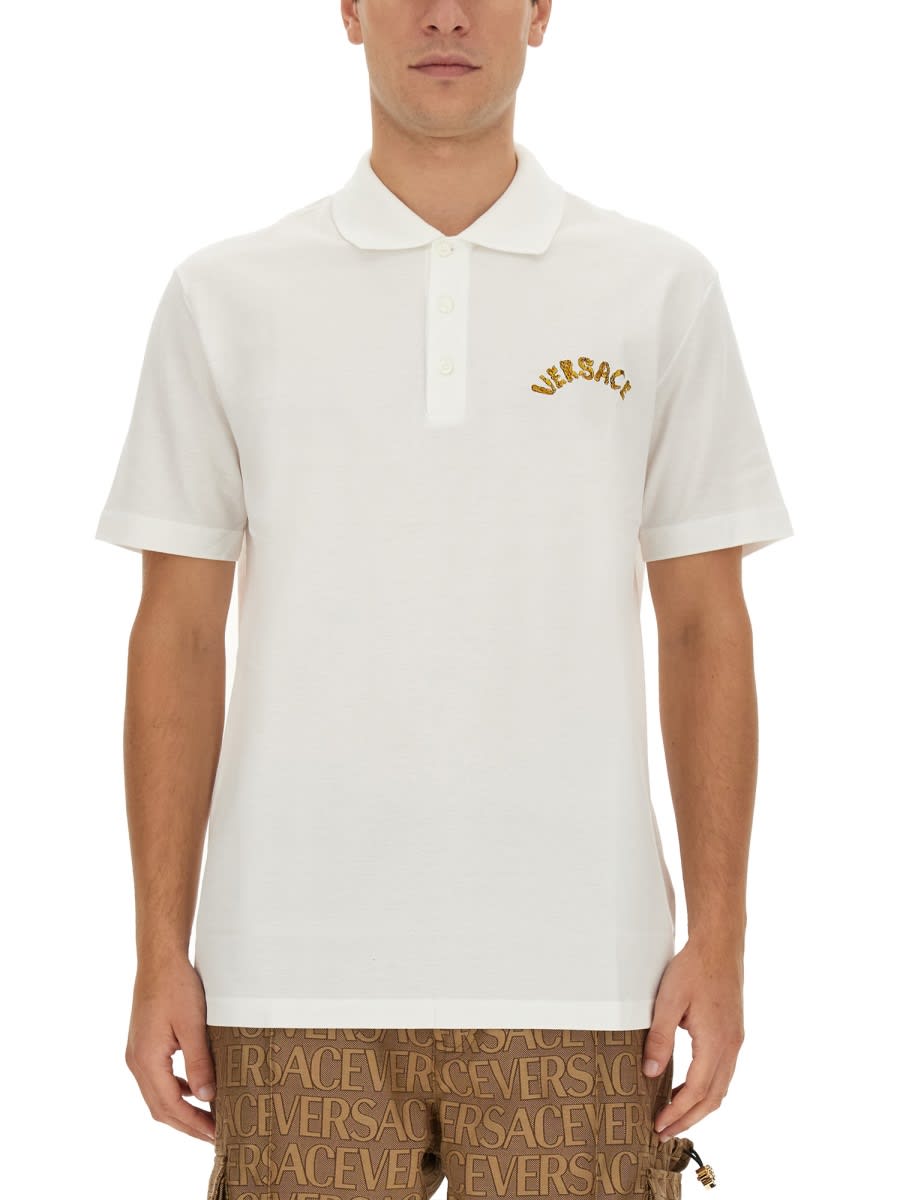 Shop Versace Polo With Logo Embroidery In White
