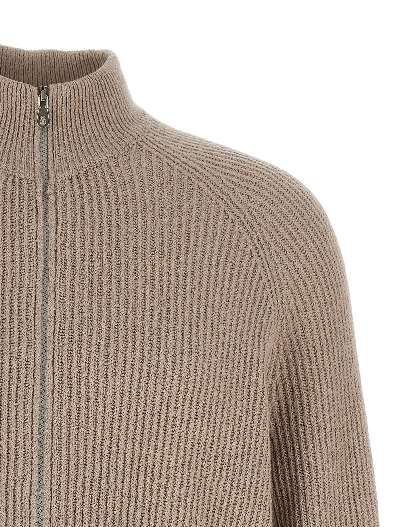 Brunello Cucinelli Collar Zip Cardigan Ribbed Texture In Neutral
