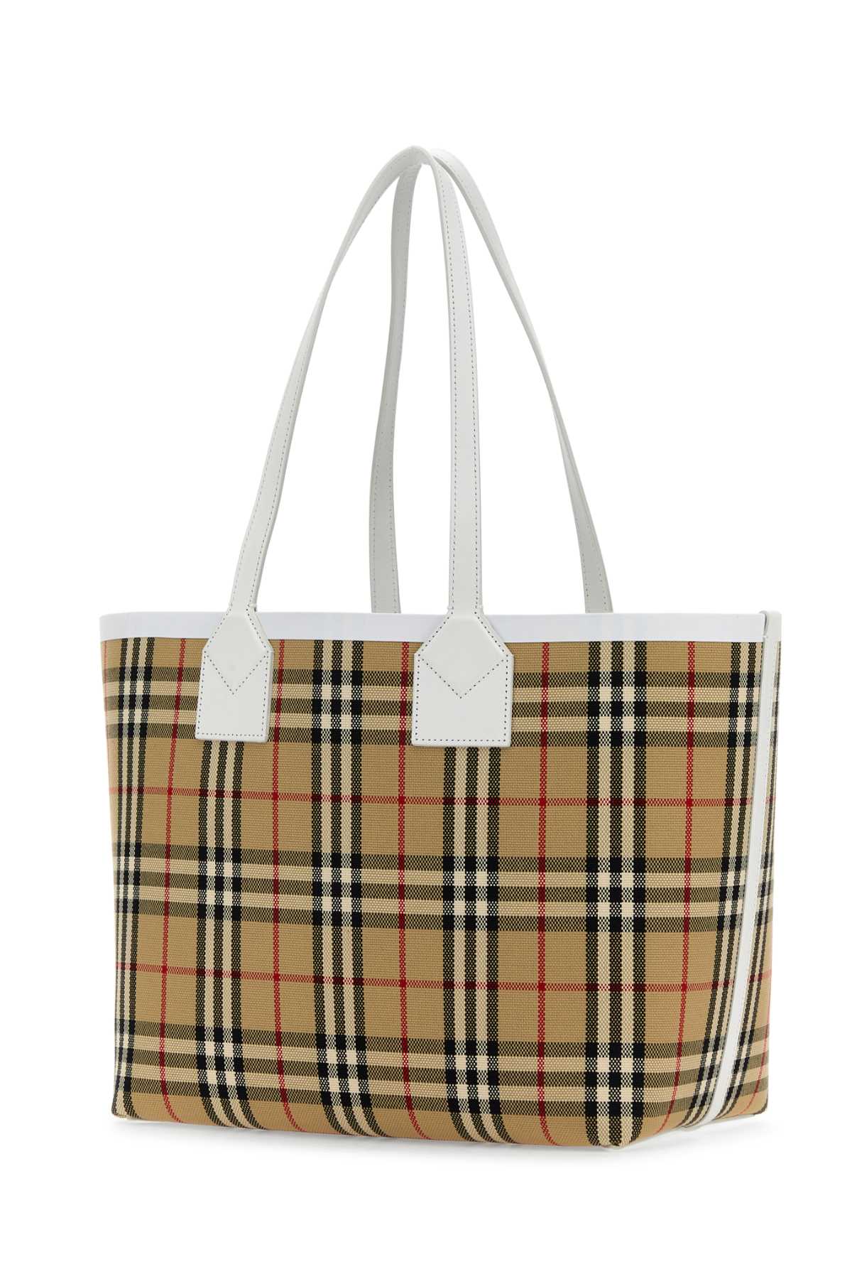 Burberry Embroidered Canvas London Shopping Bag In Vintagecheckwhite