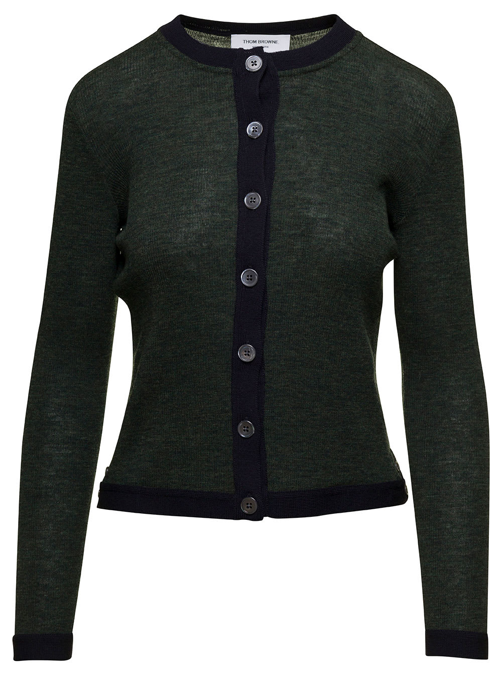 Thom Browne Crew Neck Cardigan W/ Contrast Trims In Wool Rib In Green
