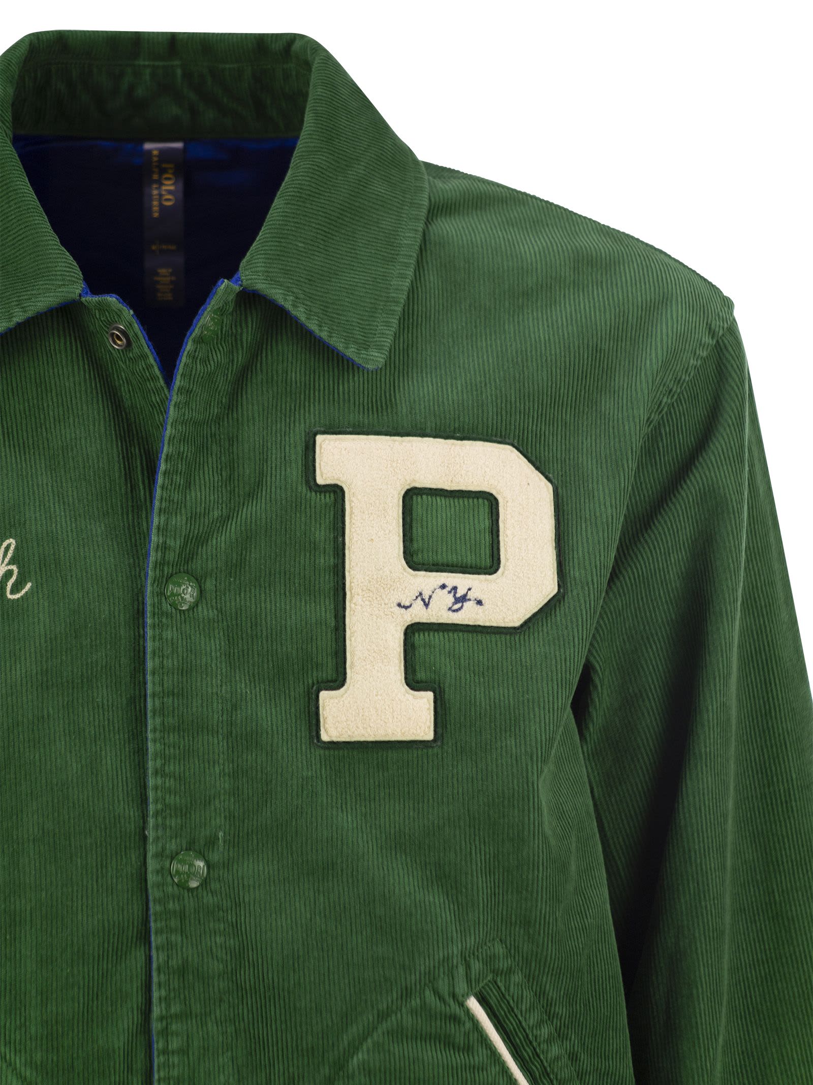 Shop Polo Ralph Lauren Reversible Letterman Jacket In Green/blue