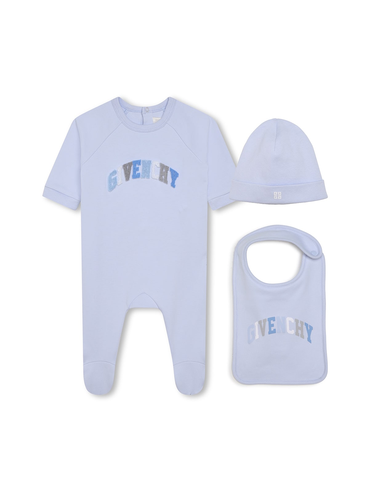 GIVENCHY PLAYSUIT, BEANIE AND BIB SET IN LIGHT BLUE WITH TERRY LOGO
