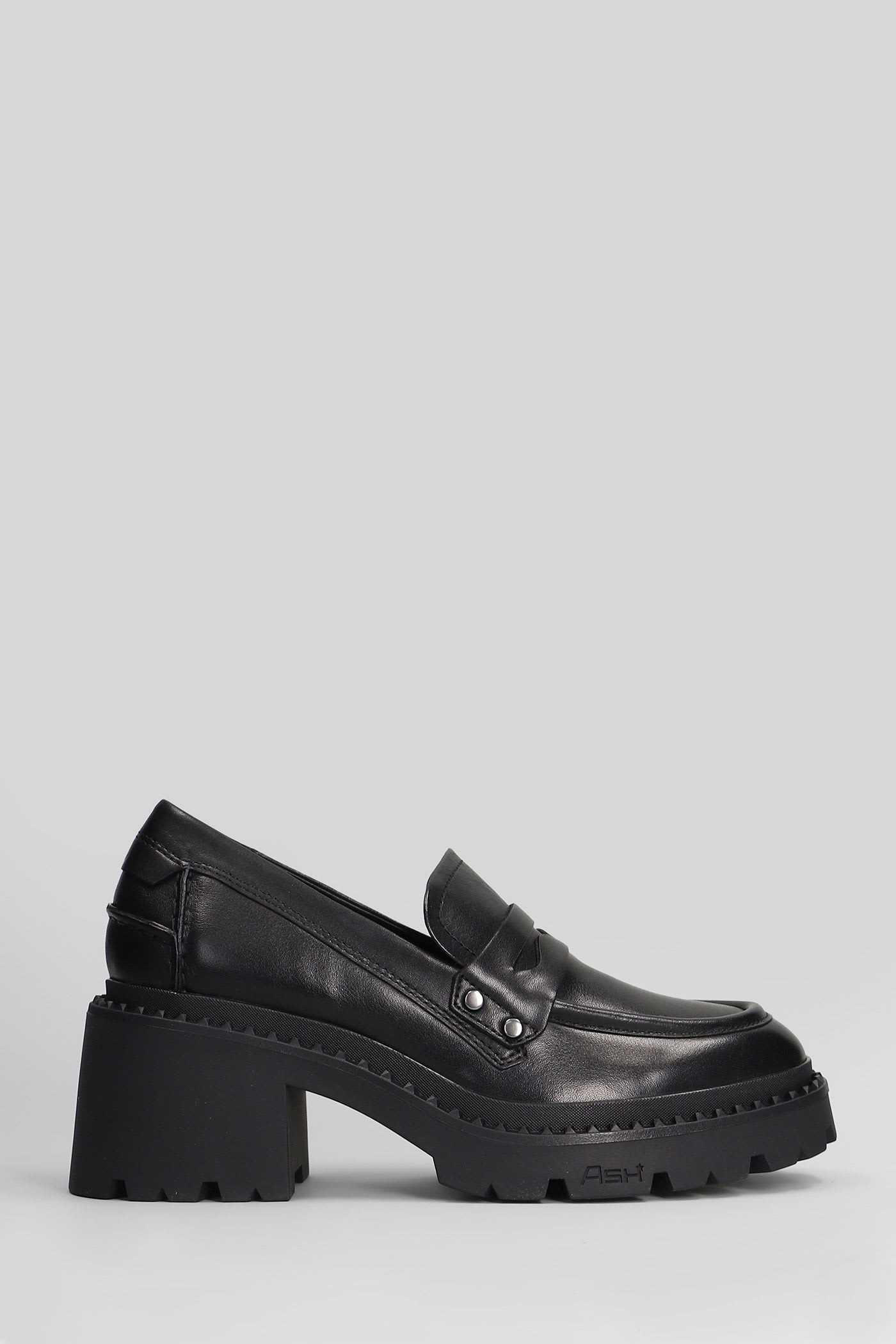 Ash Chunky Heel Leather Loafers With Penny Strap In Black