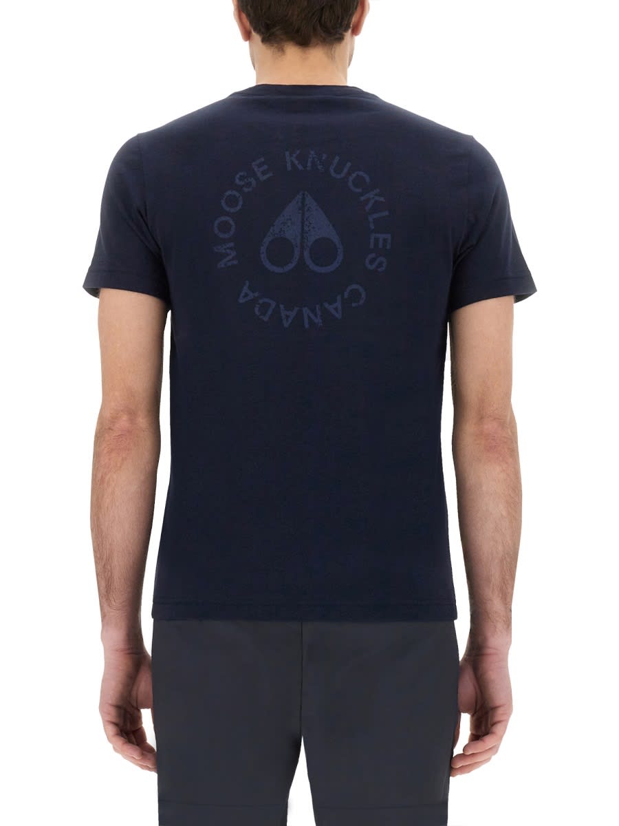 Moose Knuckles Back Print Short Sleeves Crew Neck In Blue