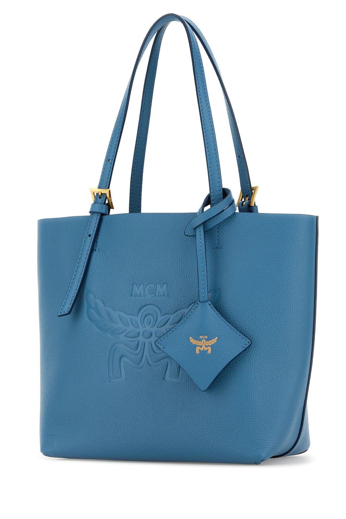 Shop Mcm Turquoise Leather Mini Himmel Shopping Bag In Blue