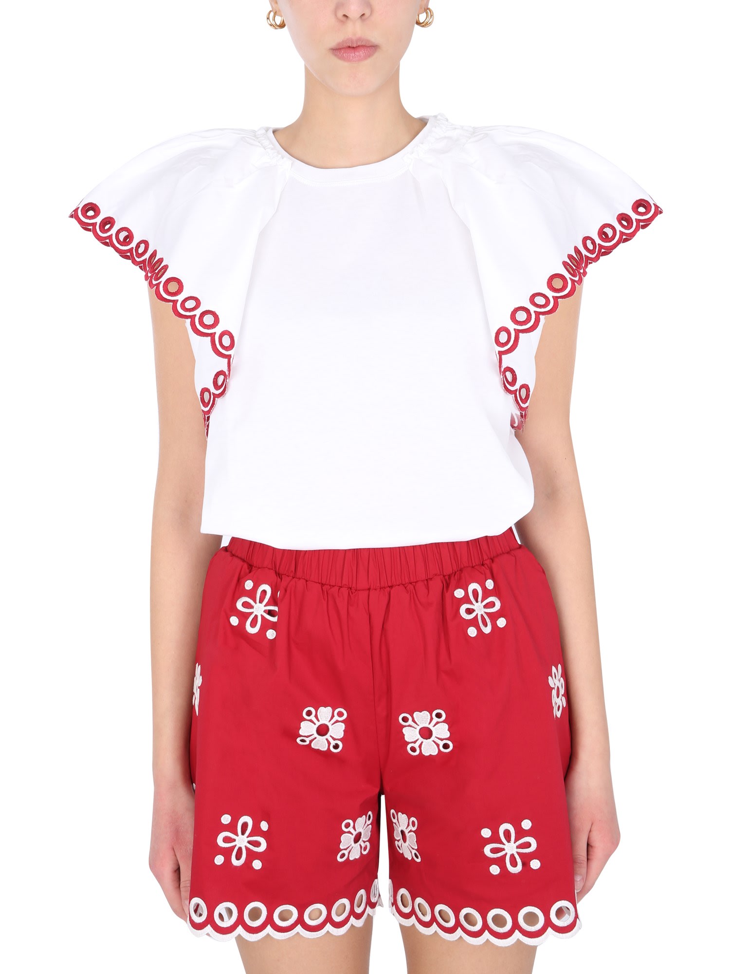 RED Valentino Crew Neck T-shirt With Sangallo Embroidered