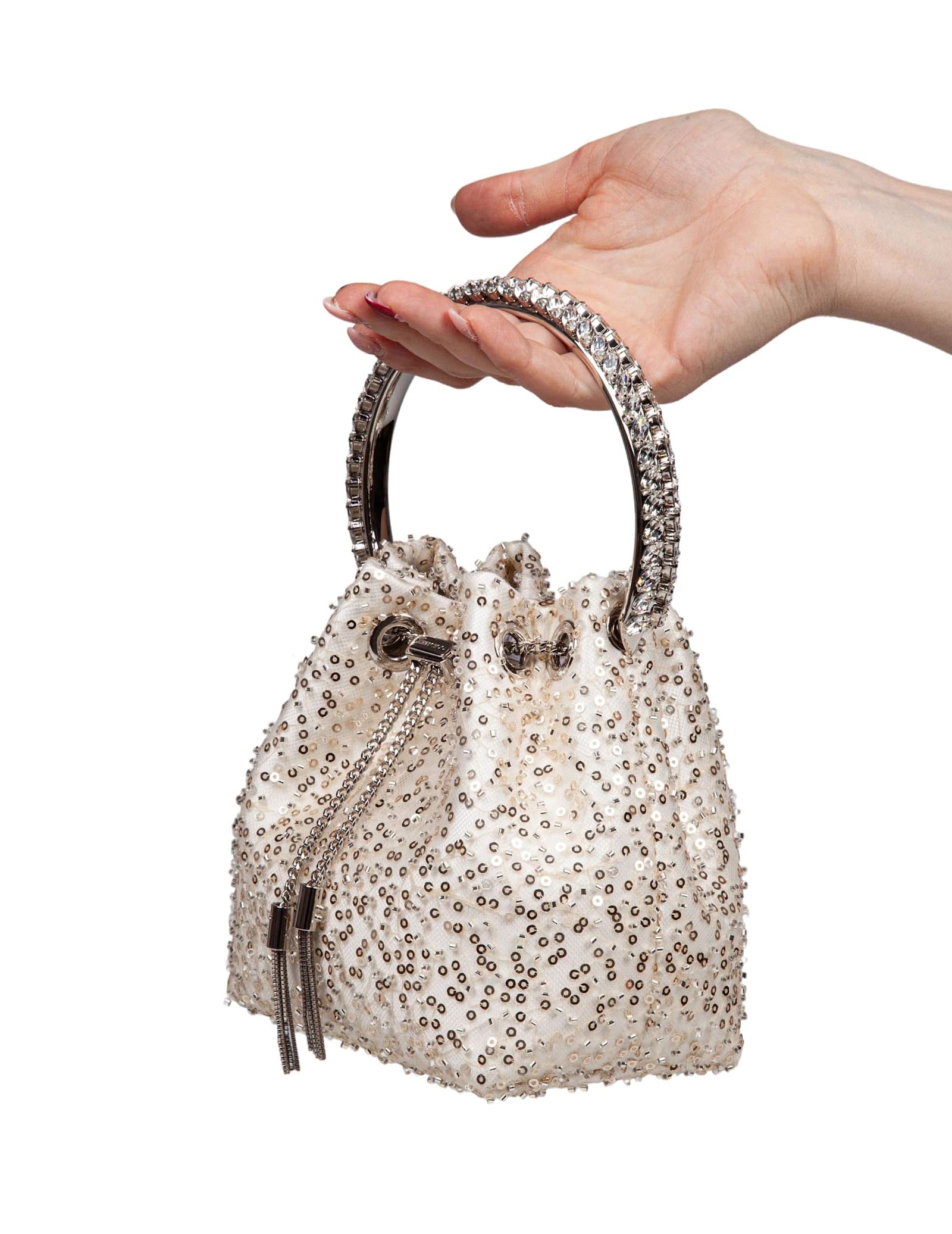 Jimmy Choo Bon Bon Satin Bag With Micro Net And Applied Stones In Ivory/crystal