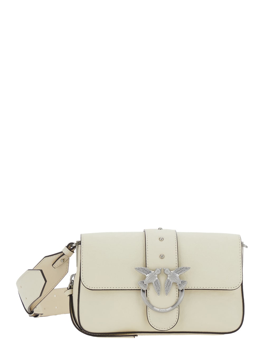 Pinko Love One Mini White Crossbody Bag With Love Birds Buckle And Adjustable Shoulder Strap In Leather Wo In White