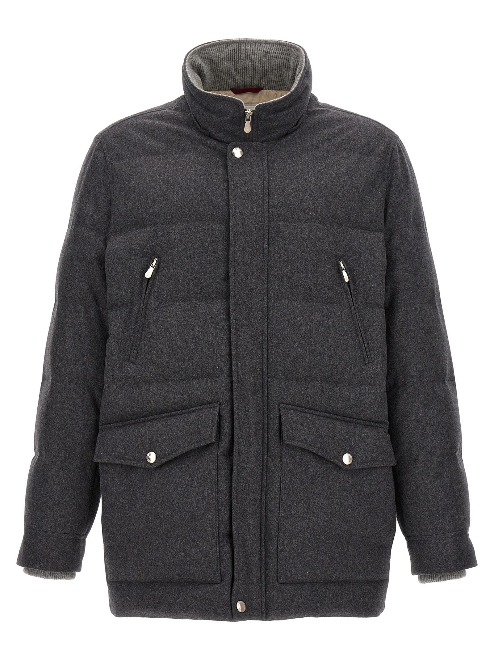 Shop Brunello Cucinelli Long Hooded Down Jacket In Gray