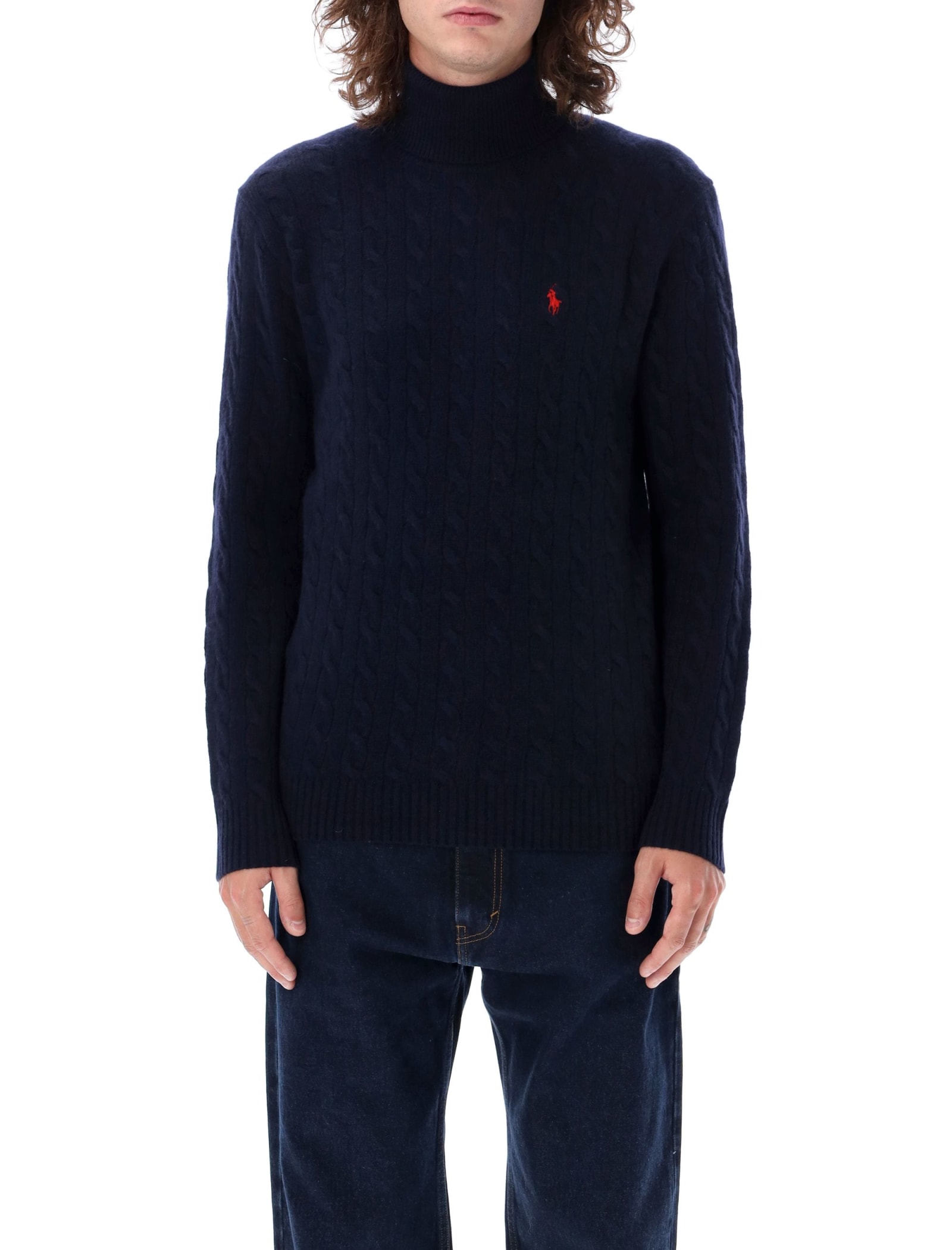 Shop Polo Ralph Lauren Cable Knit High-neck Sweater In Hunter Navy