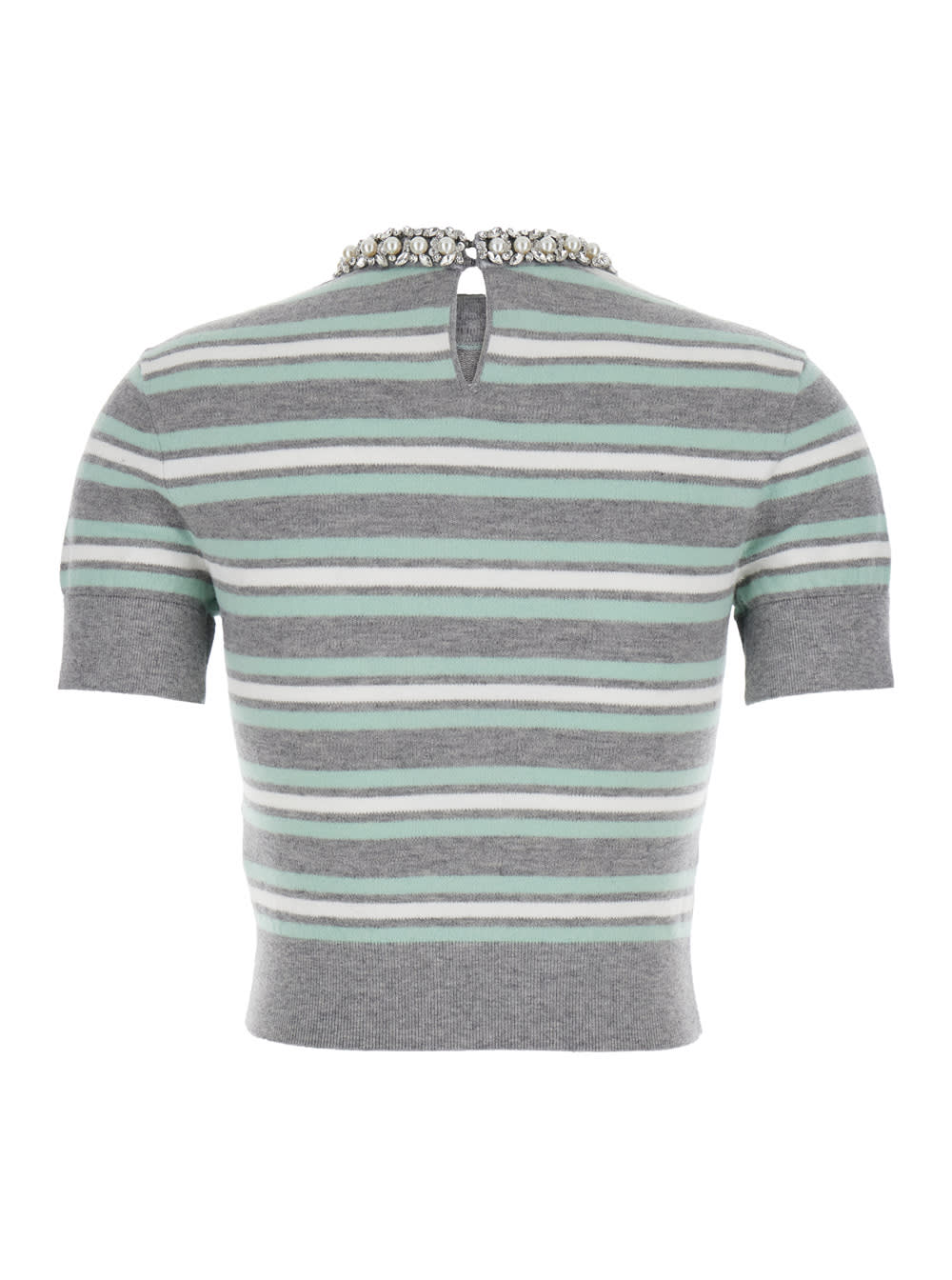 Self-portrait Grey Cropped Top Wih Crewneck With Crystal Embellishments And All-over Striped Motif In Wool Blend W In Multi