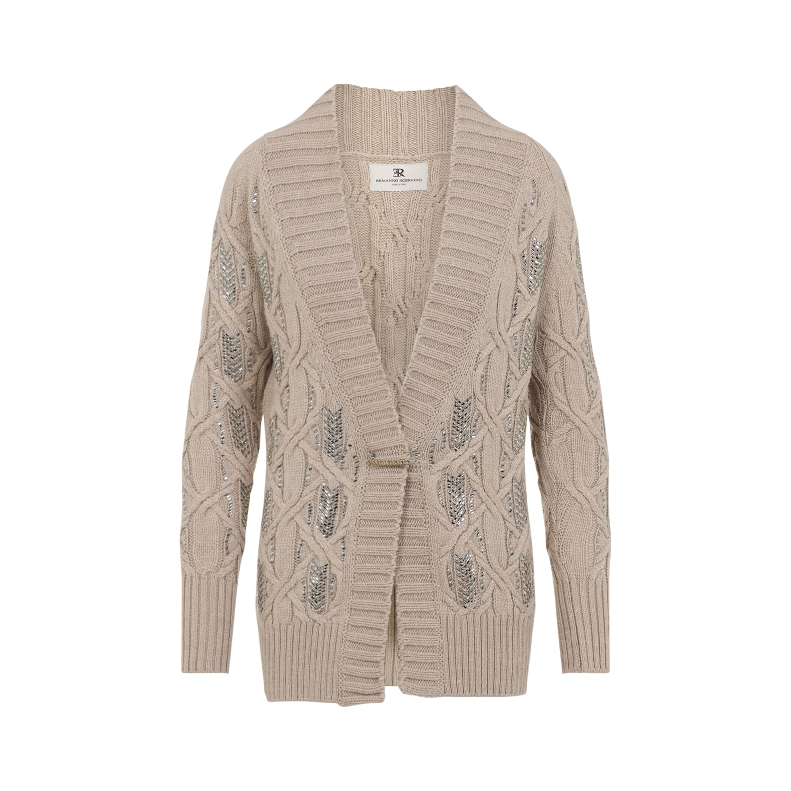 Ermanno Scervino Crystal-embellished Cable-knit Cardigan In Brown