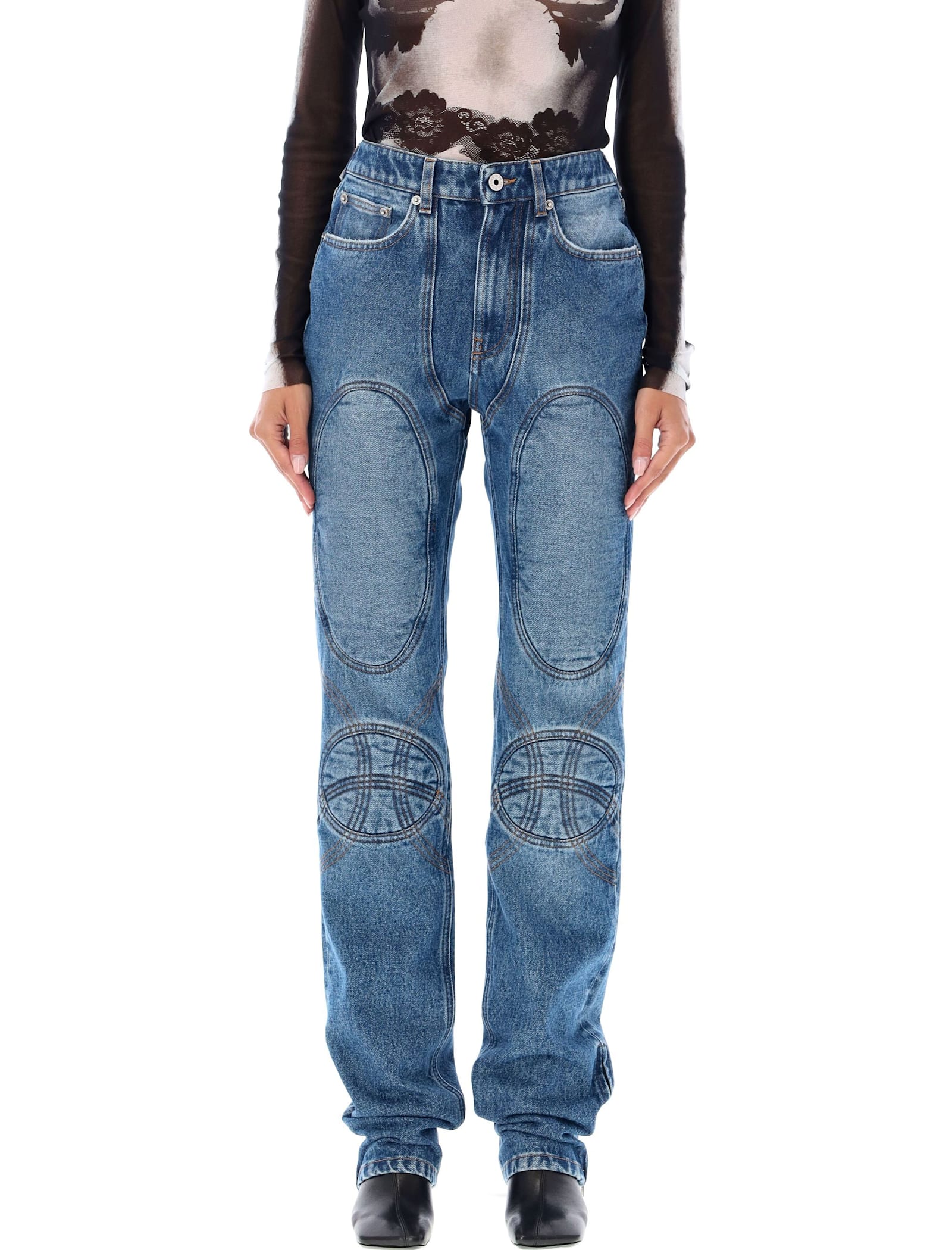 Shop Jean Paul Gaultier Lacing Knee Bonded Jeans In Vintage Blue