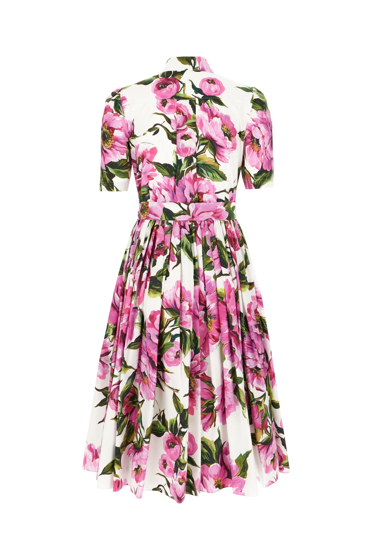 Dolce & Gabbana Pink Crewneck Dress With Logo Lettering Detail On The Front And All-over Floral Motif In Cotton Woma In Peonie Fuxia Bianco
