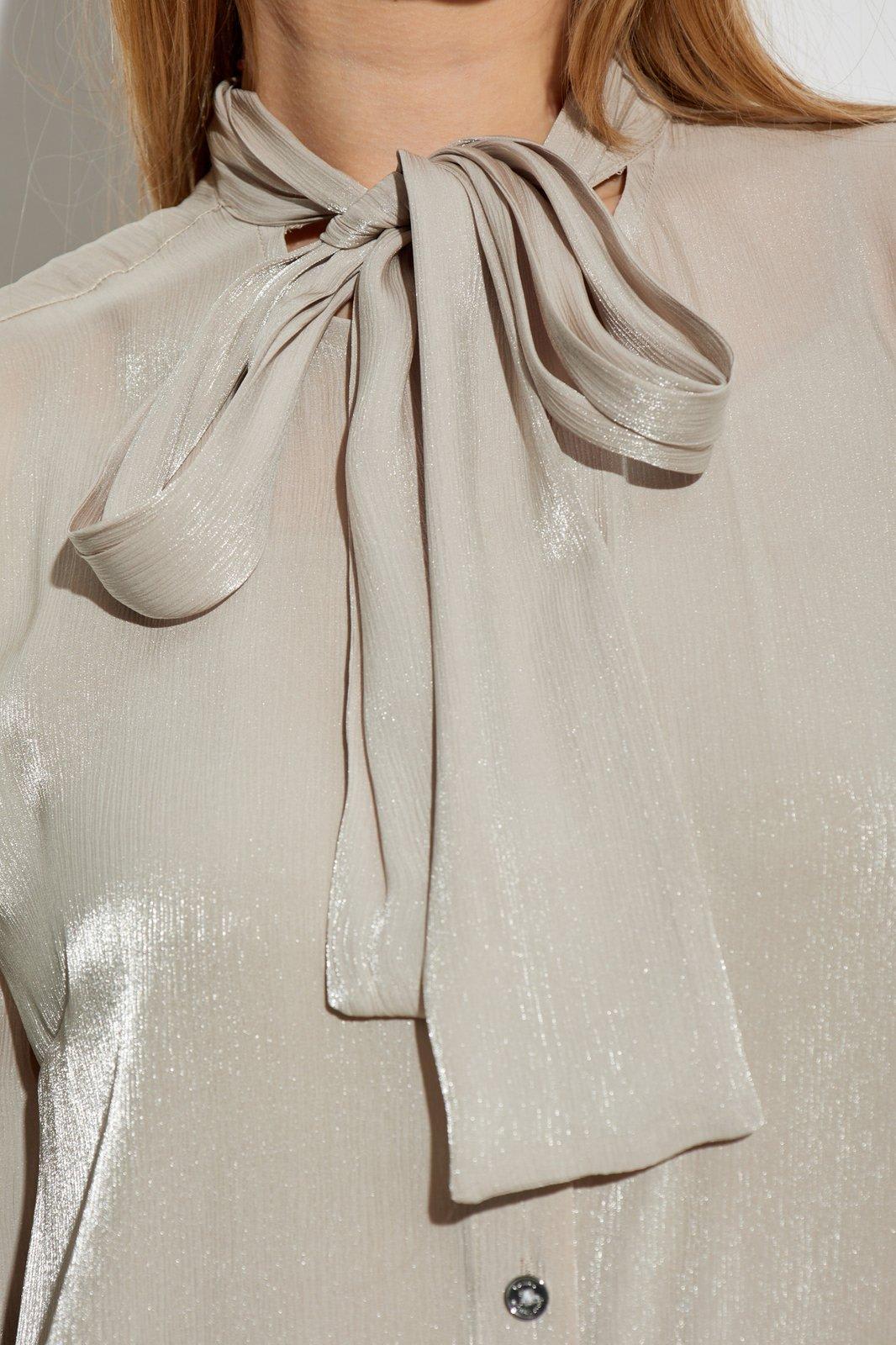 Shop Michael Kors Crinkled Metallic Georgette Tie-neck Blouse In Dune