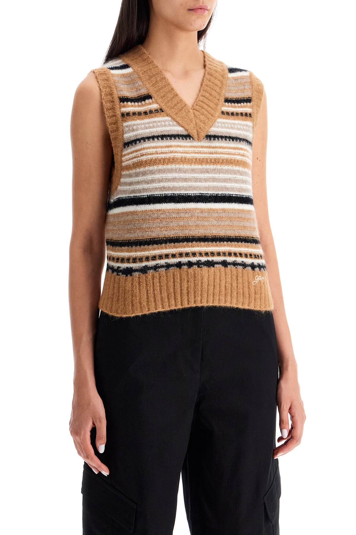 Shop Ganni Soft Striped Knit Vest With A Comfortable In Tigers Eye (beige)