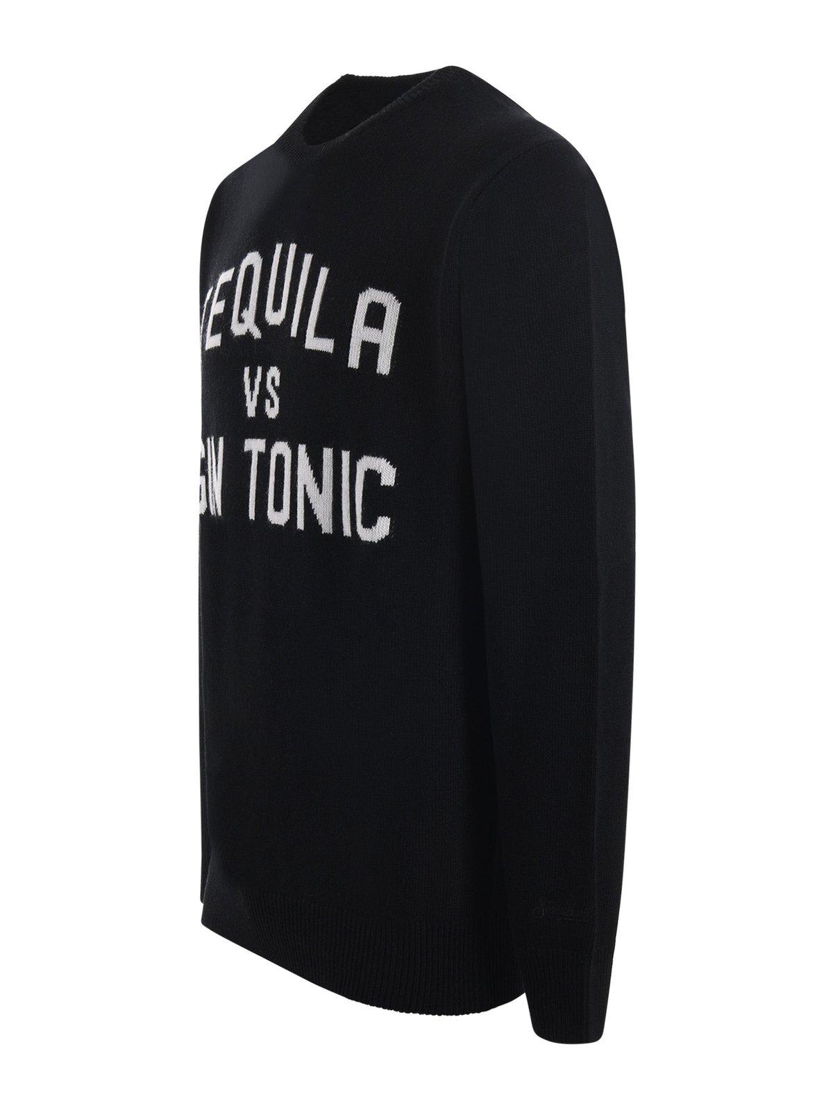 Mc2 Saint Barth Man Crewneck Sweater With Tequila Vs Gin Tonic Jacquard Print
