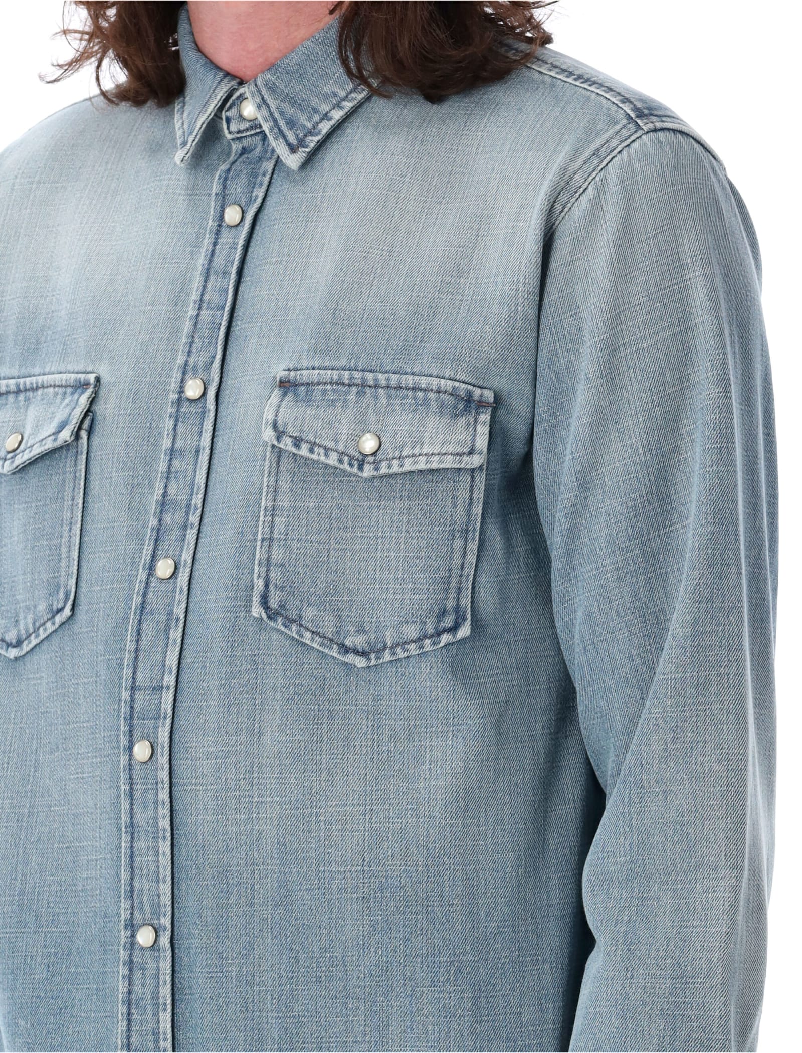 Shop Saint Laurent Oversized Snap-button Shirt In Light Japanese Blue