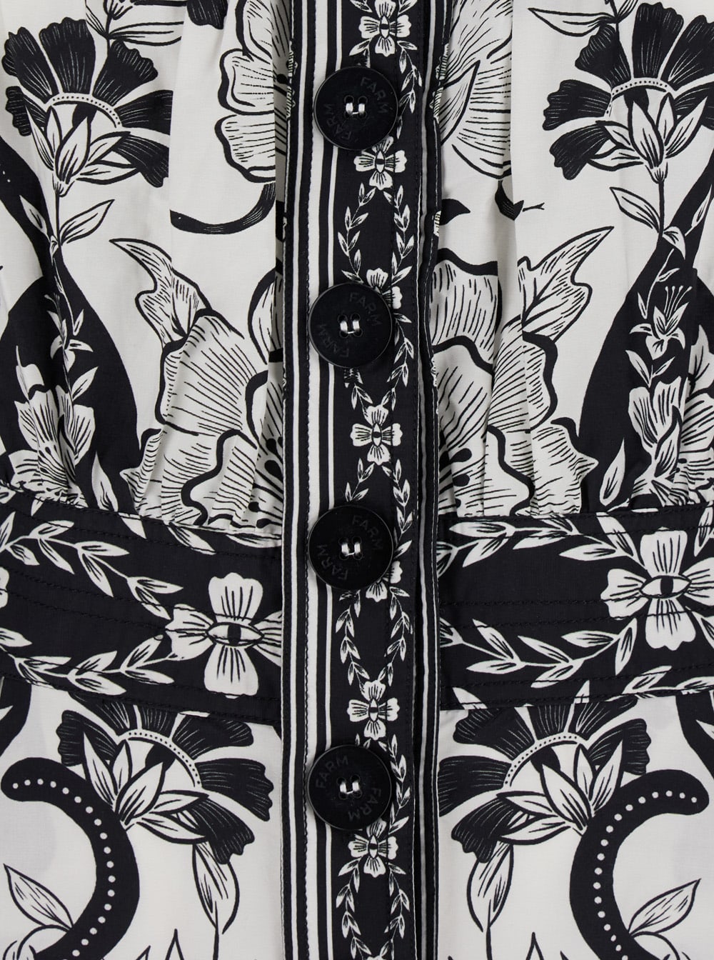 Shop Farm Rio Black And White Long Dress With High Neck And All-over Floral Print In Cotton Woman In White/black