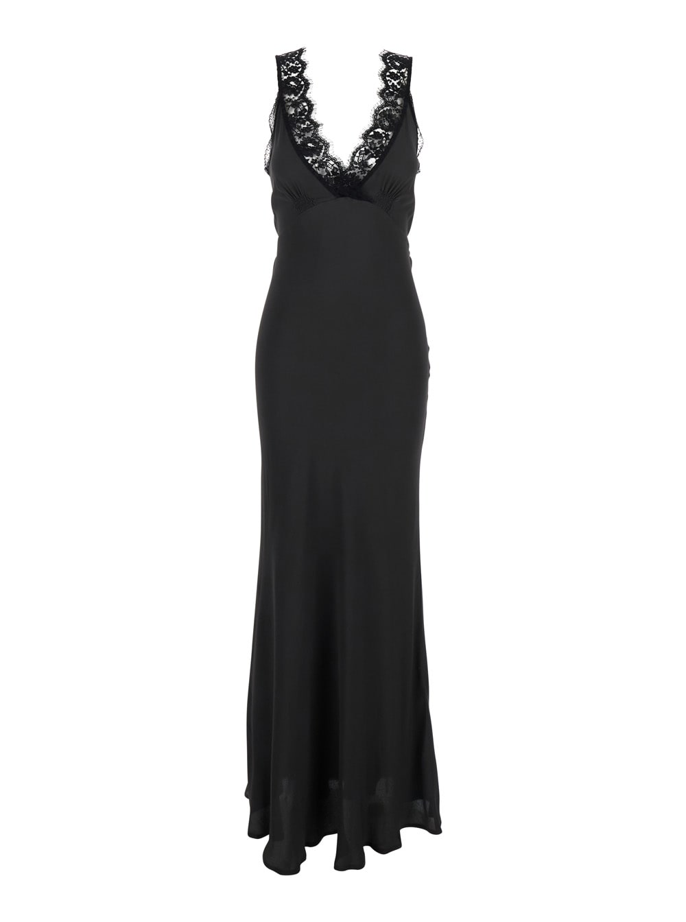 Black Long Dress With V-neckline And Lace Inserts In Silk Blend Woman