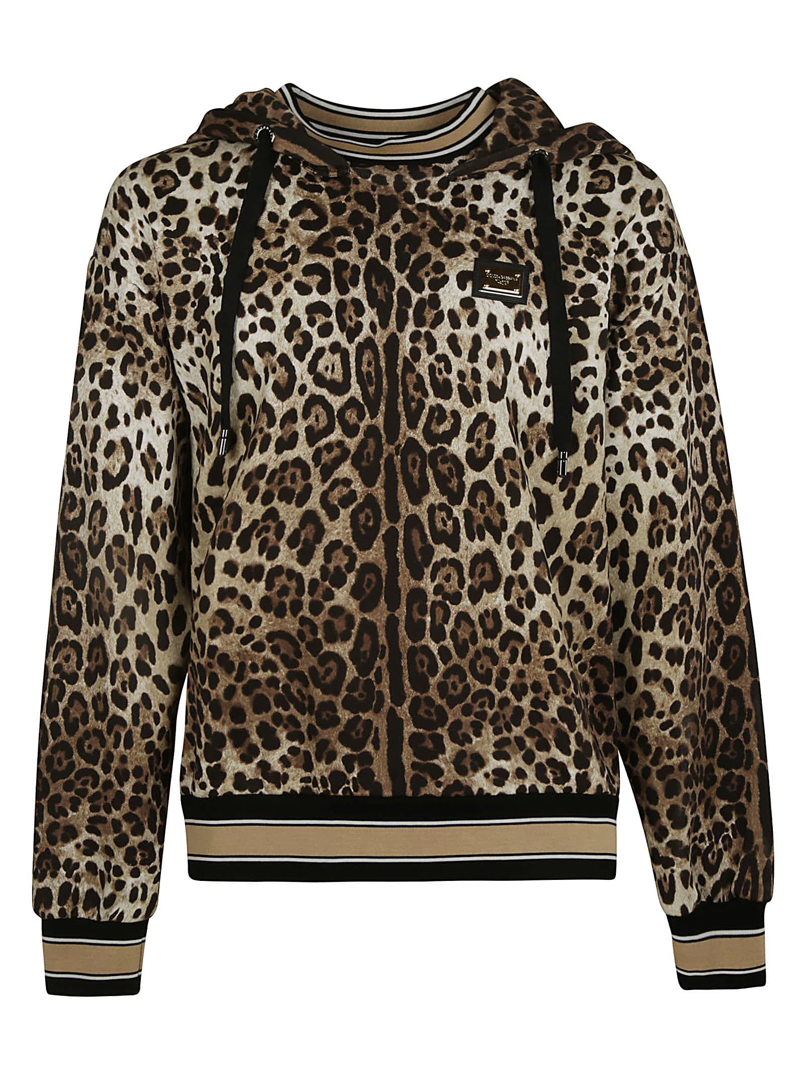 Dolce & Gabbana Animalier Print Stripe Trimmed Hooded Sweatshirt