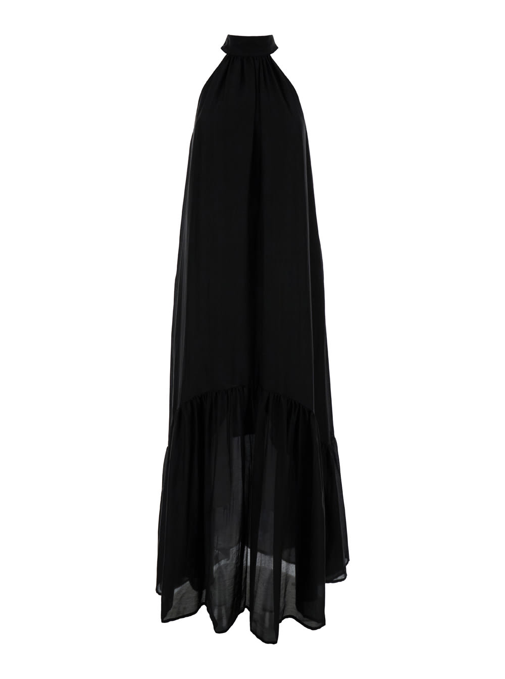 Black Maxi Dress With Stand Up Collar In Cotton And Silk Woman