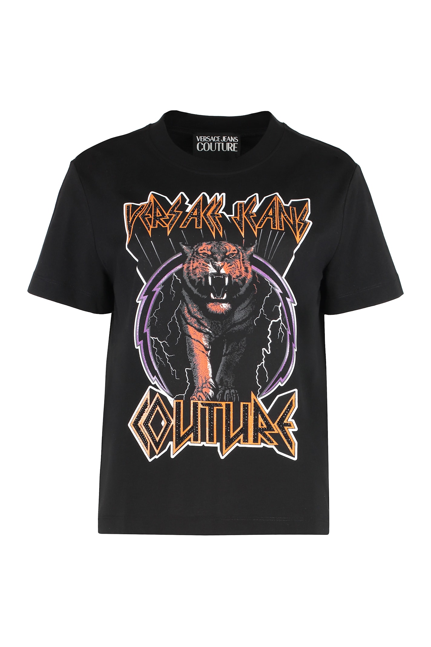 Versace Jeans Couture Ribbed Collar Crew-neck T-shirt With Graphic Print In Black