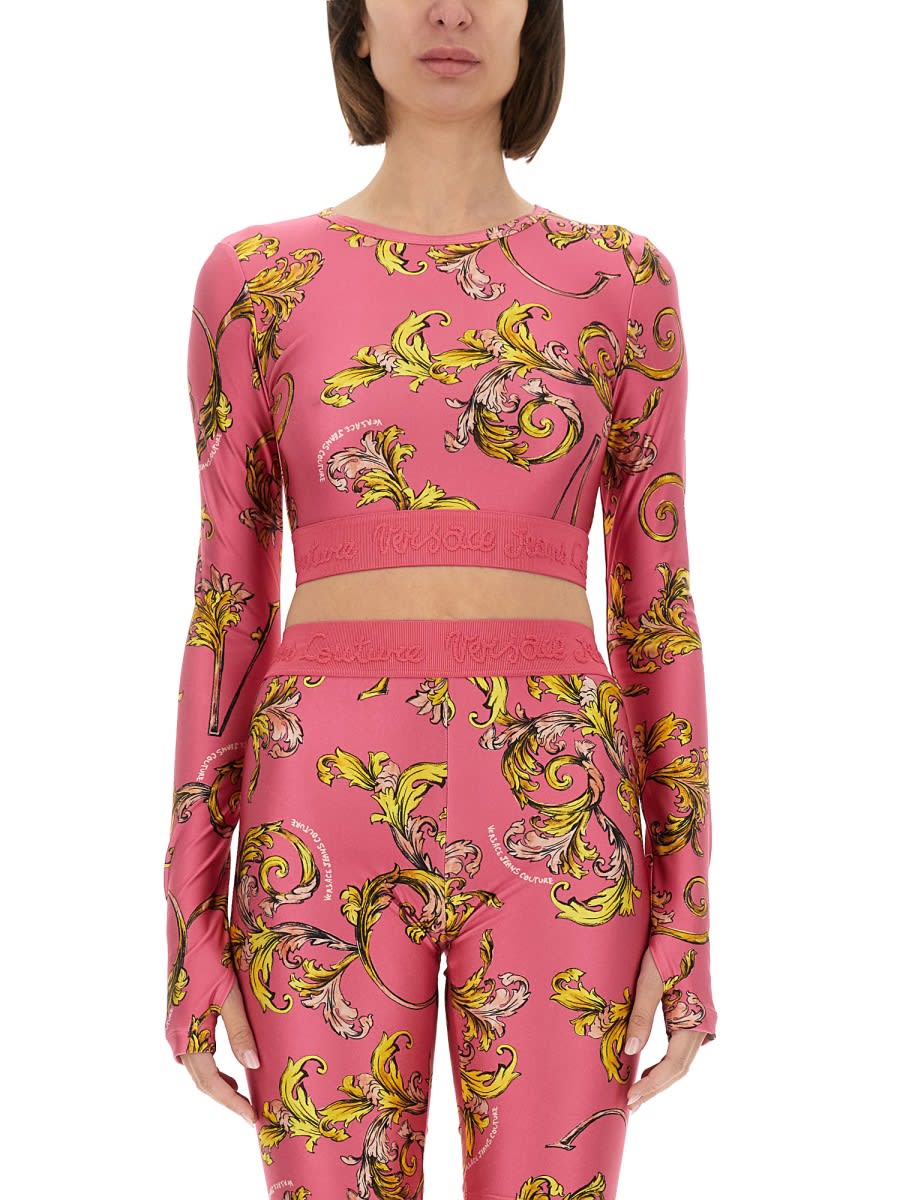 Versace Jeans Couture Outline Barocco Crop Top In Pink